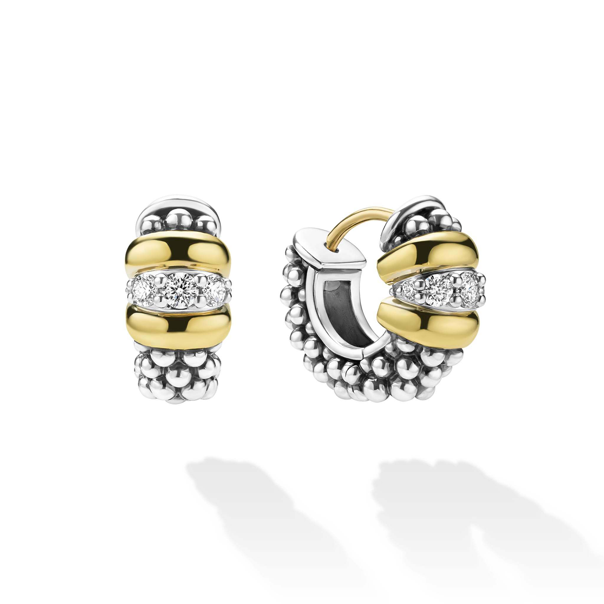 Lagos Sterling Silver & 18K Signature Caviar Beaded Diamond Huggies