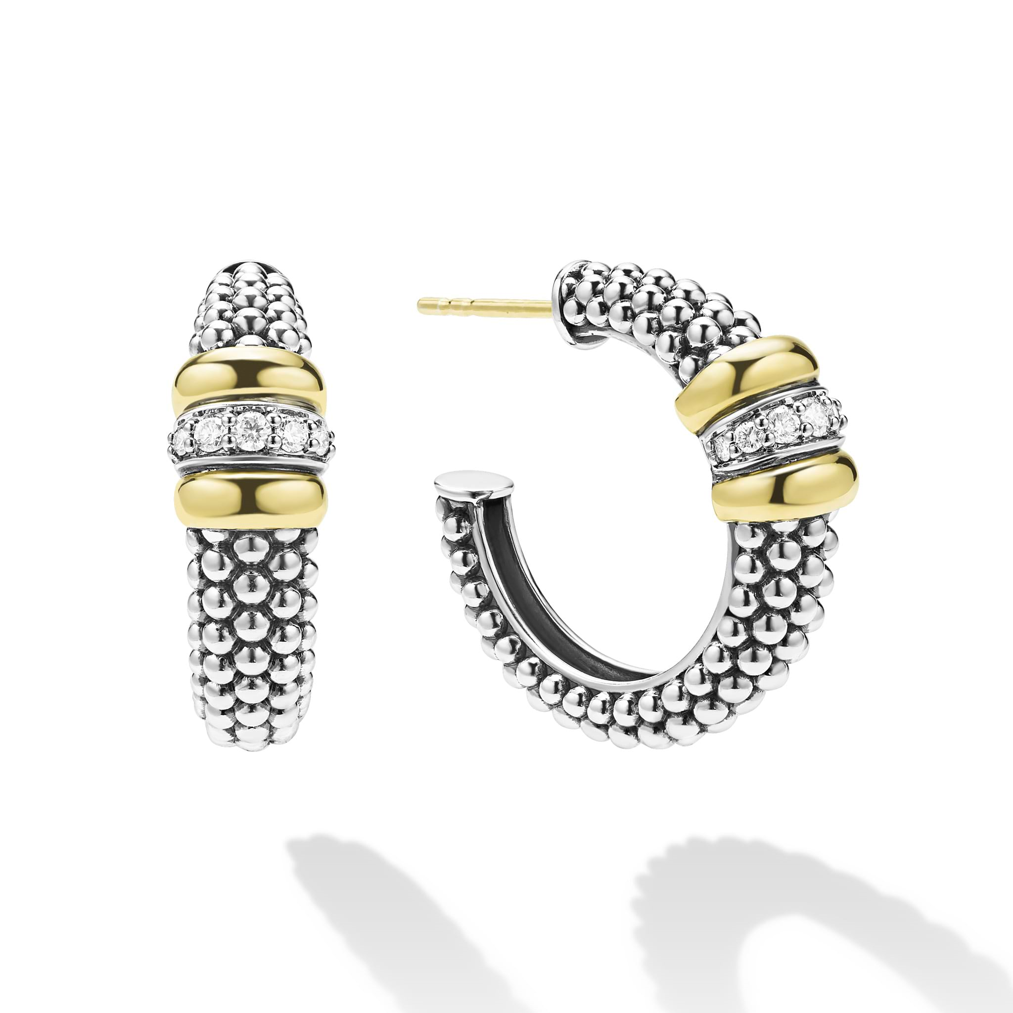 Lagos Sterling Silver & 18K Signature Caviar Beaded Diamond 23mm Hoops