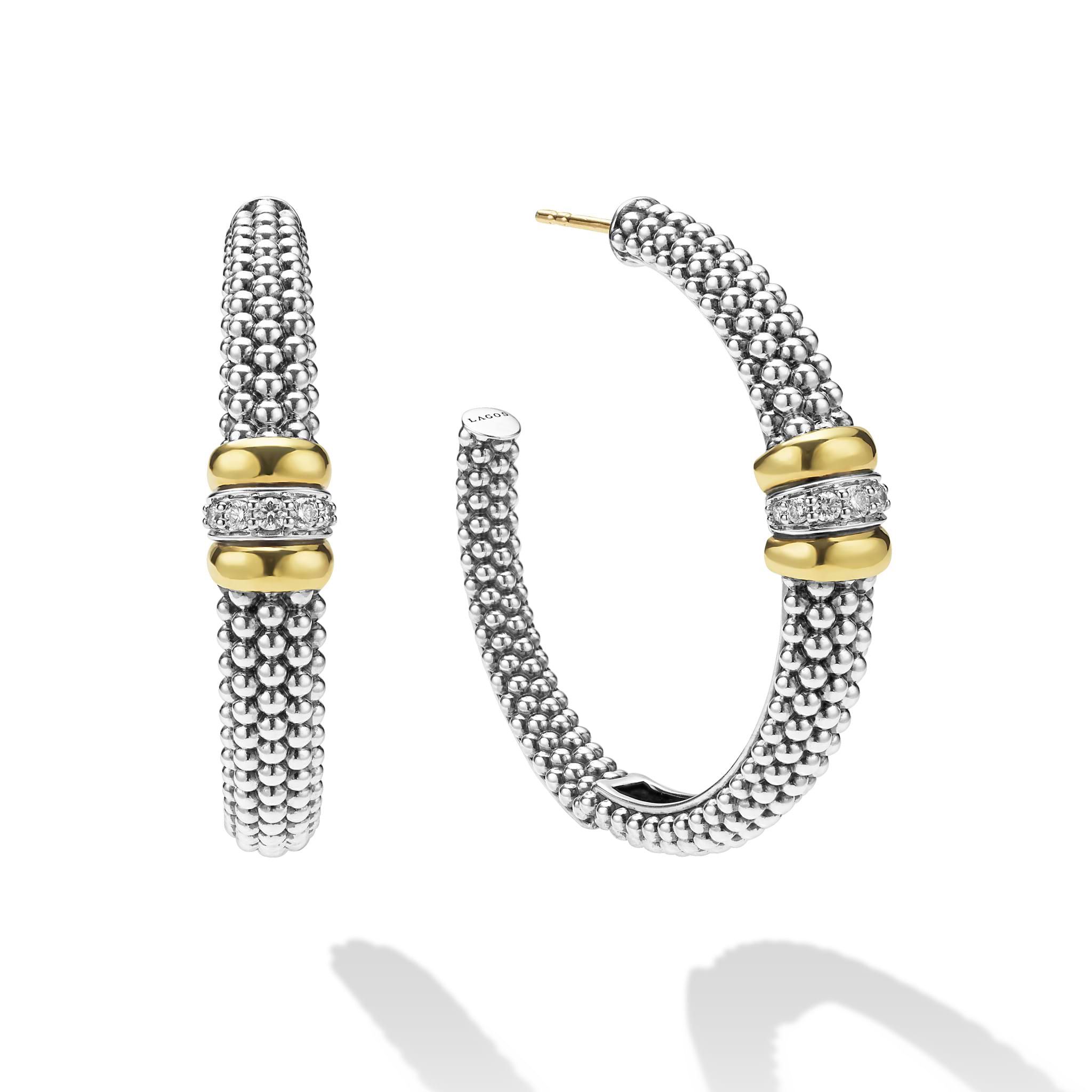 Lagos Sterling Silver & 18K Signature Caviar Beaded Diamond 40mm Hoops