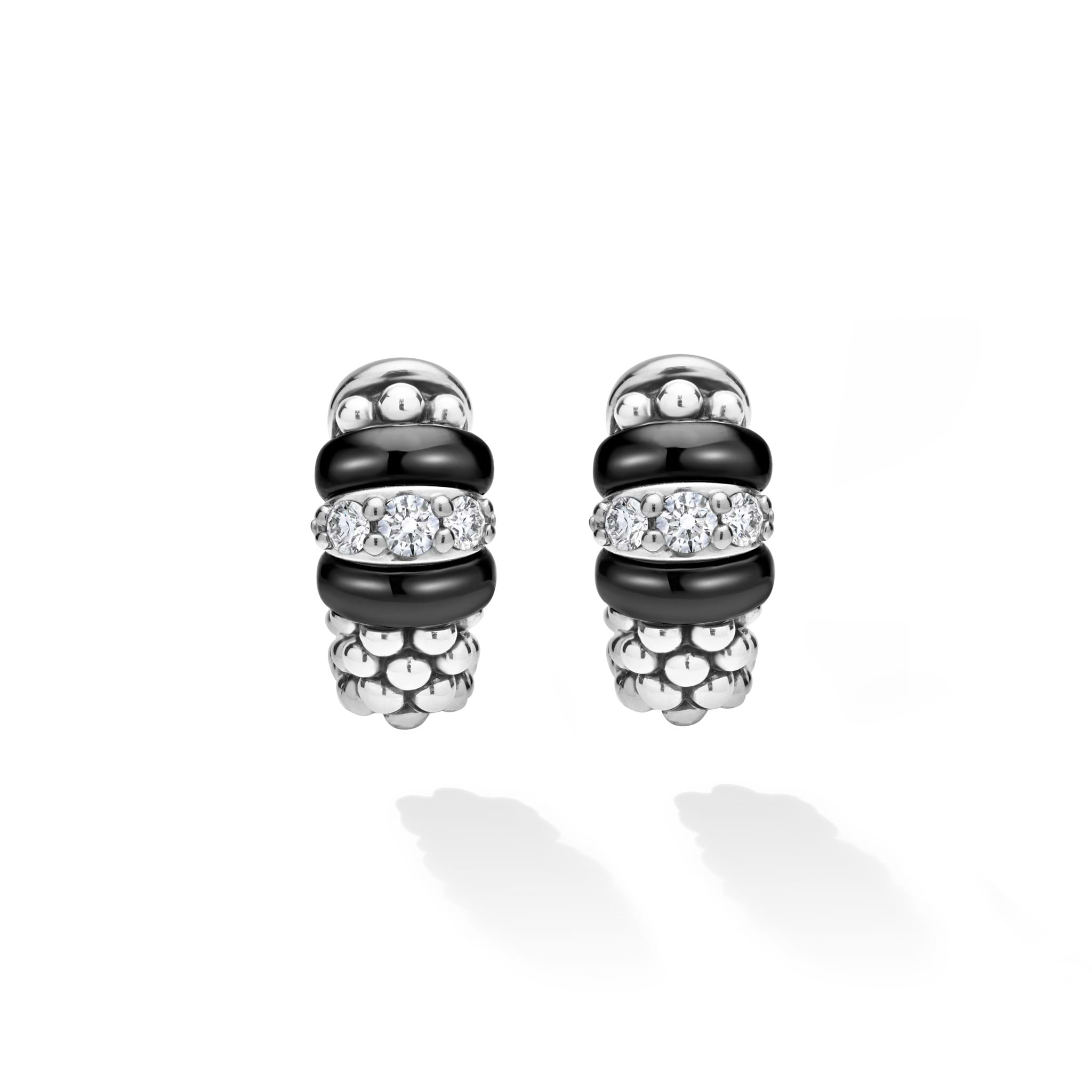 Lagos Sterling Silver Black Caviar Ceramic & Diamond Huggies