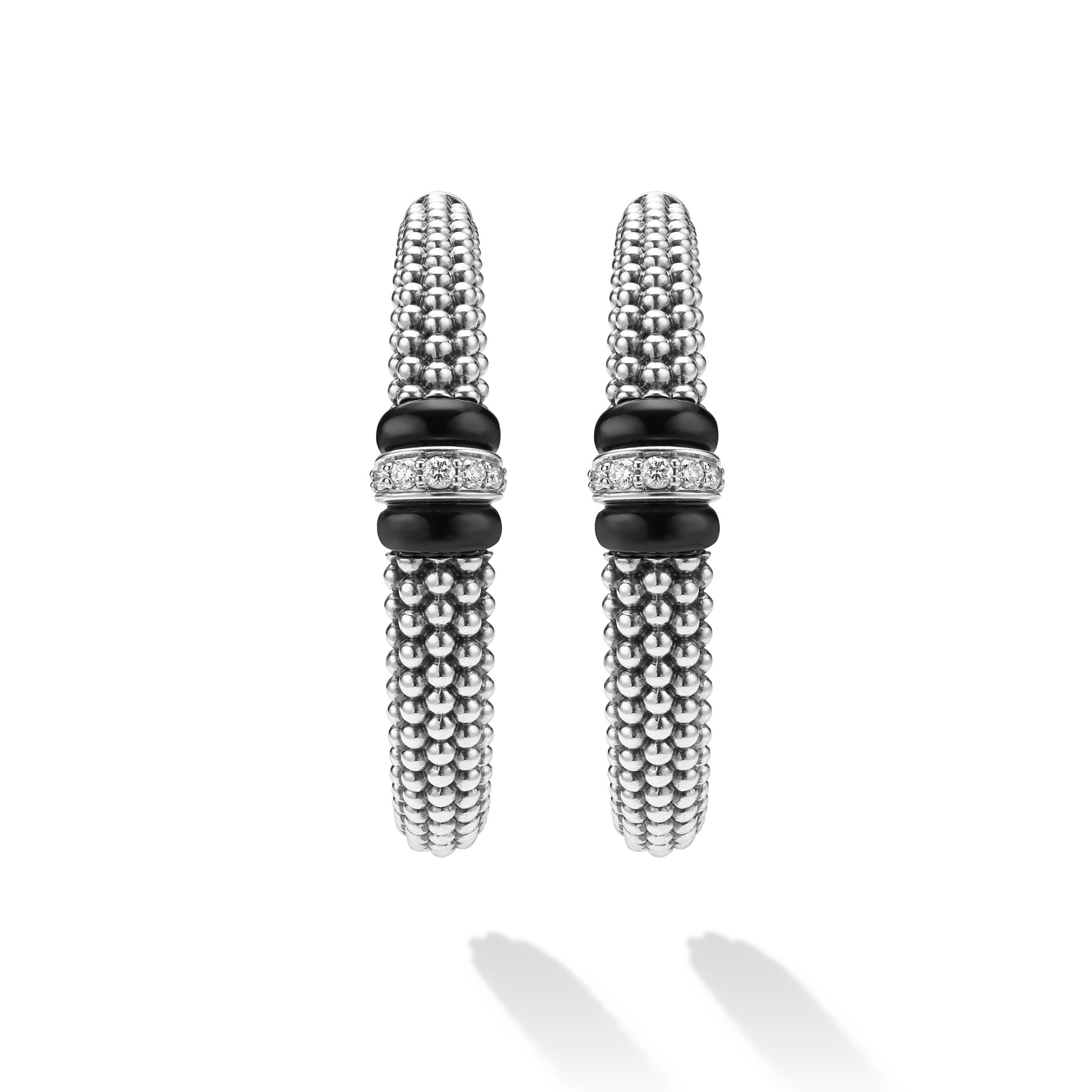Lagos Sterling Silver Black Caviar Large Ceramic & Diamond Hoops