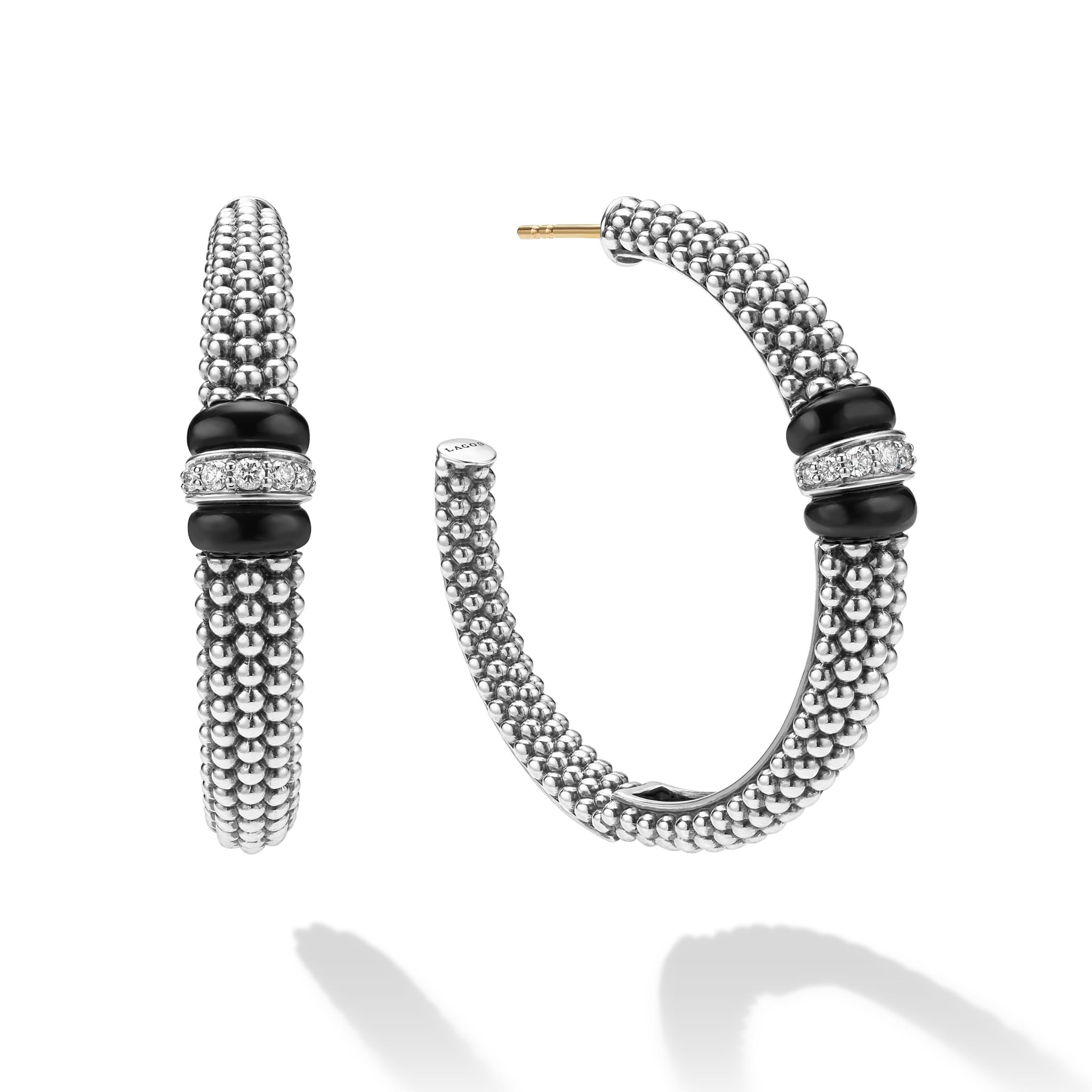Lagos Sterling Silver Black Caviar Large Ceramic & Diamond Hoops