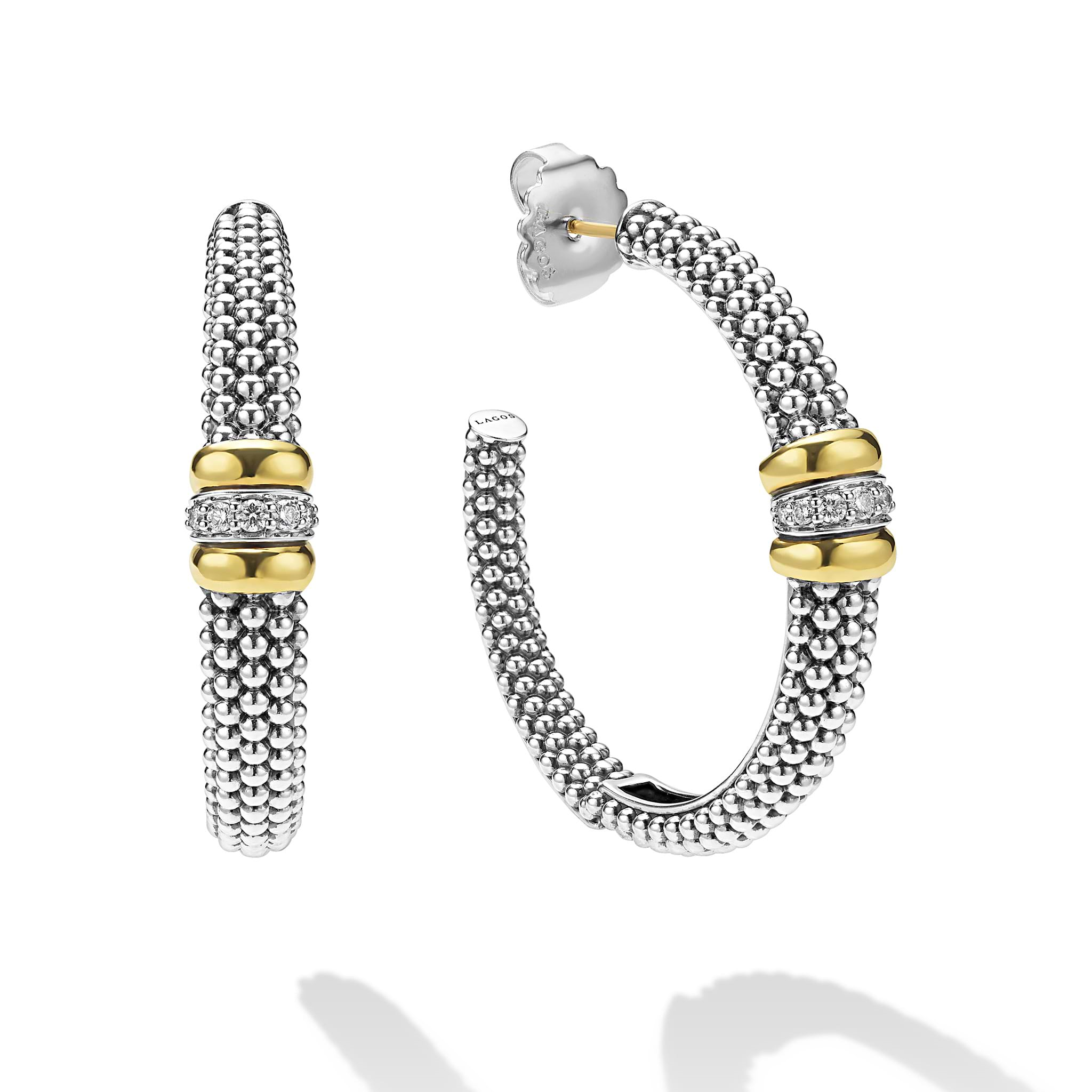 Lagos Sterling Silver & 18K Signature Caviar Beaded Diamond 40mm Hoops