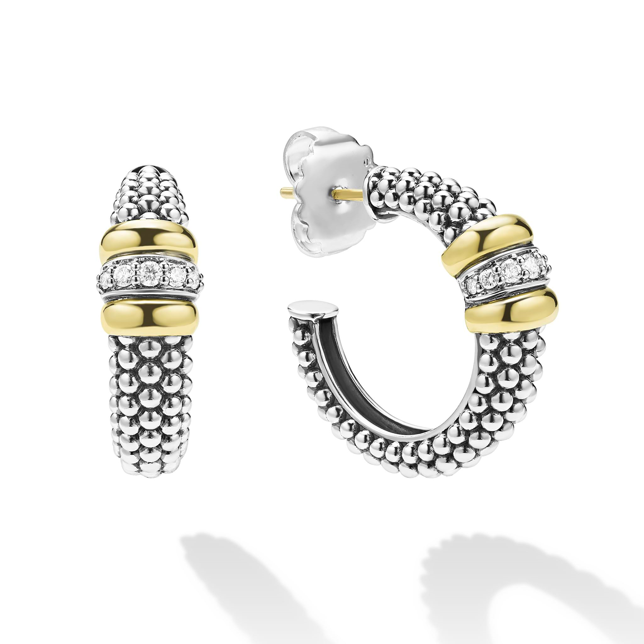 Lagos Sterling Silver & 18K Signature Caviar Beaded Diamond 23mm Hoops