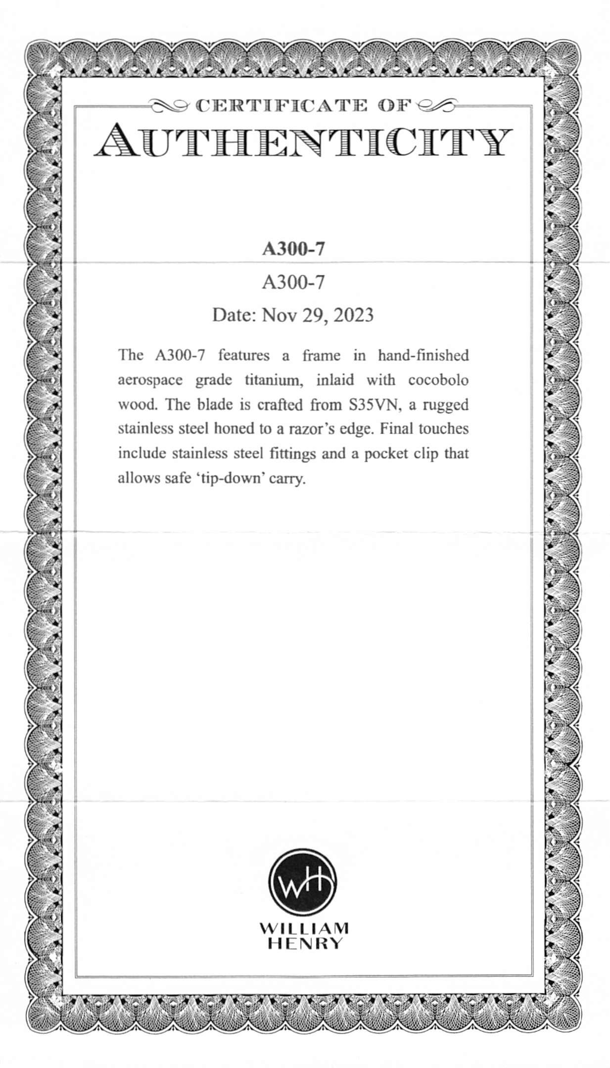 William Henry A300-7 Pocket Knife