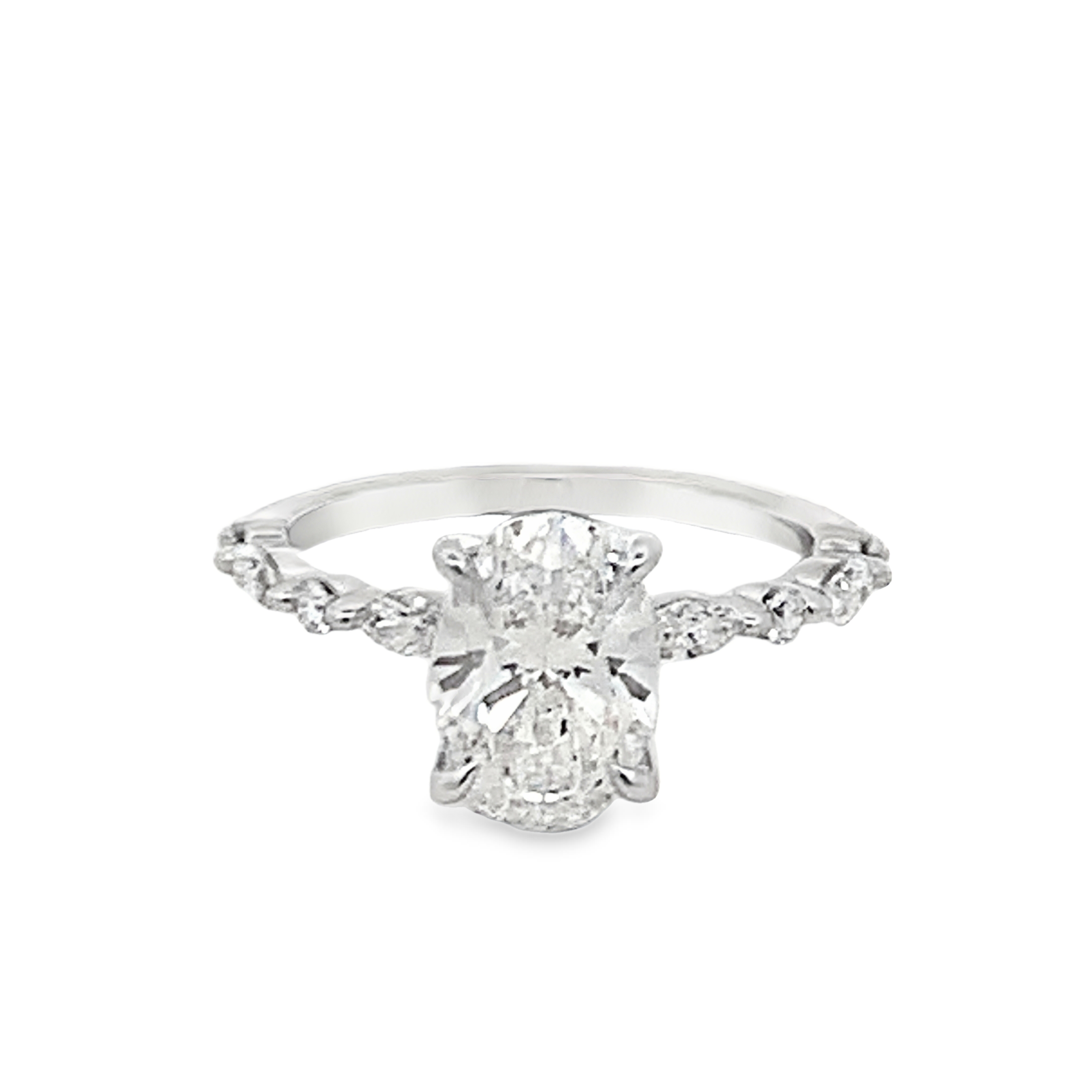 14K White Gold Lab Grown Engagement Ring with 1 Lab Grown Oval Center Diamond 2.1 CTW G VS and 8 Alternating Lab Grown Round and Marquise Diamonds 0.37 CTW G VS Size 6.75