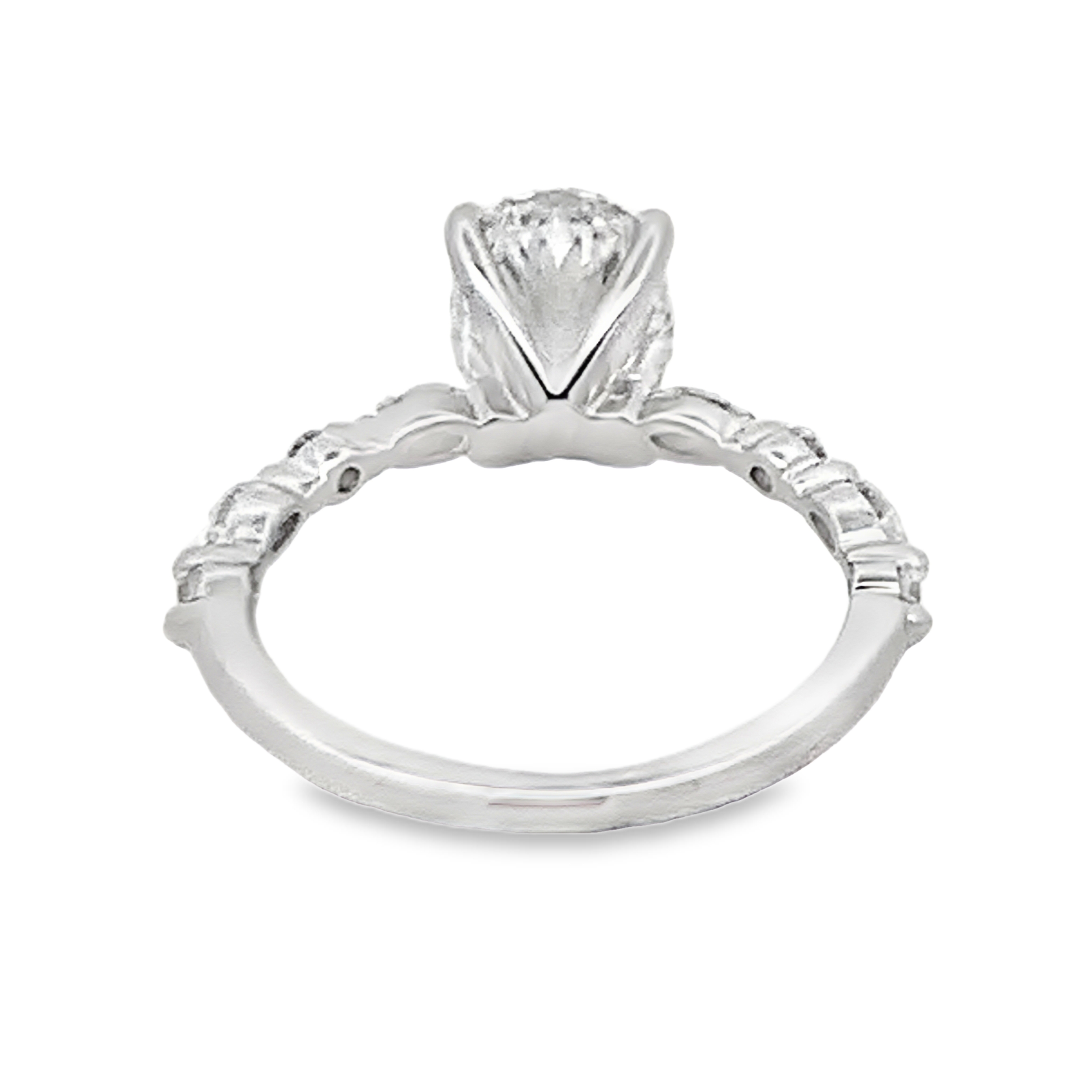 14K White Gold Lab Grown Engagement Ring with 1 Lab Grown Oval Center Diamond 2.1 CTW G VS and 8 Alternating Lab Grown Round and Marquise Diamonds 0.37 CTW G VS Size 6.75