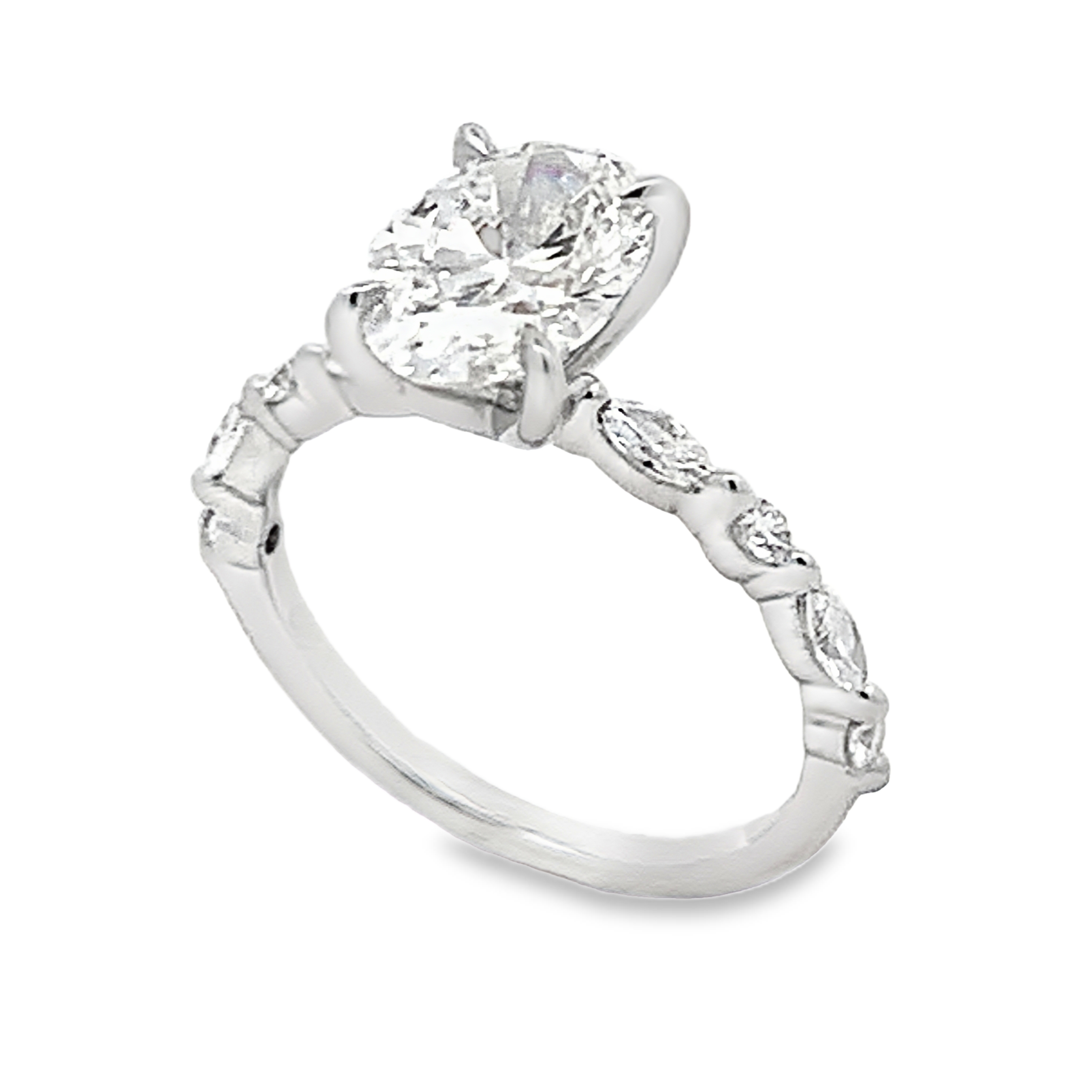 14K White Gold Lab Grown Engagement Ring with 1 Lab Grown Oval Center Diamond 2.1 CTW G VS and 8 Alternating Lab Grown Round and Marquise Diamonds 0.37 CTW G VS Size 6.75