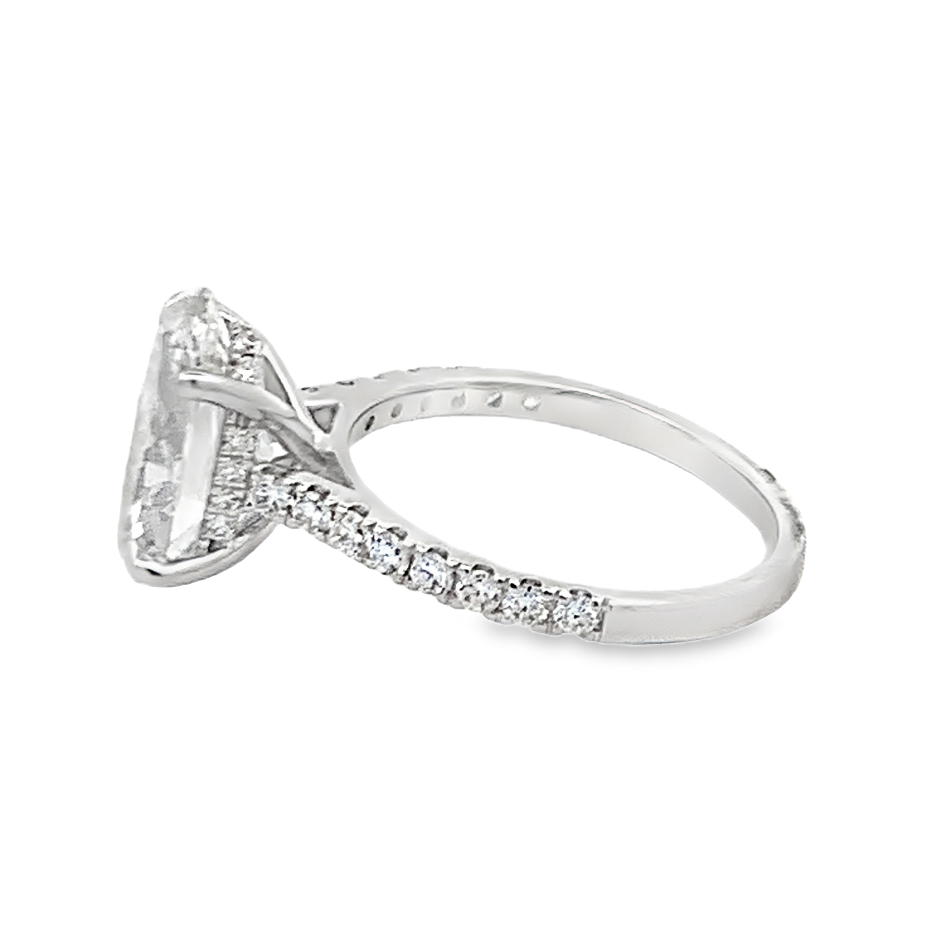 14K White Gold Lab Grown Diamond Engagement Ring with 1 Lab Grown Center Oval Diamond 4.00ct G VS and 32 Lab Grown Round Cut Diamonds 0.55ct G VS Size 6.75