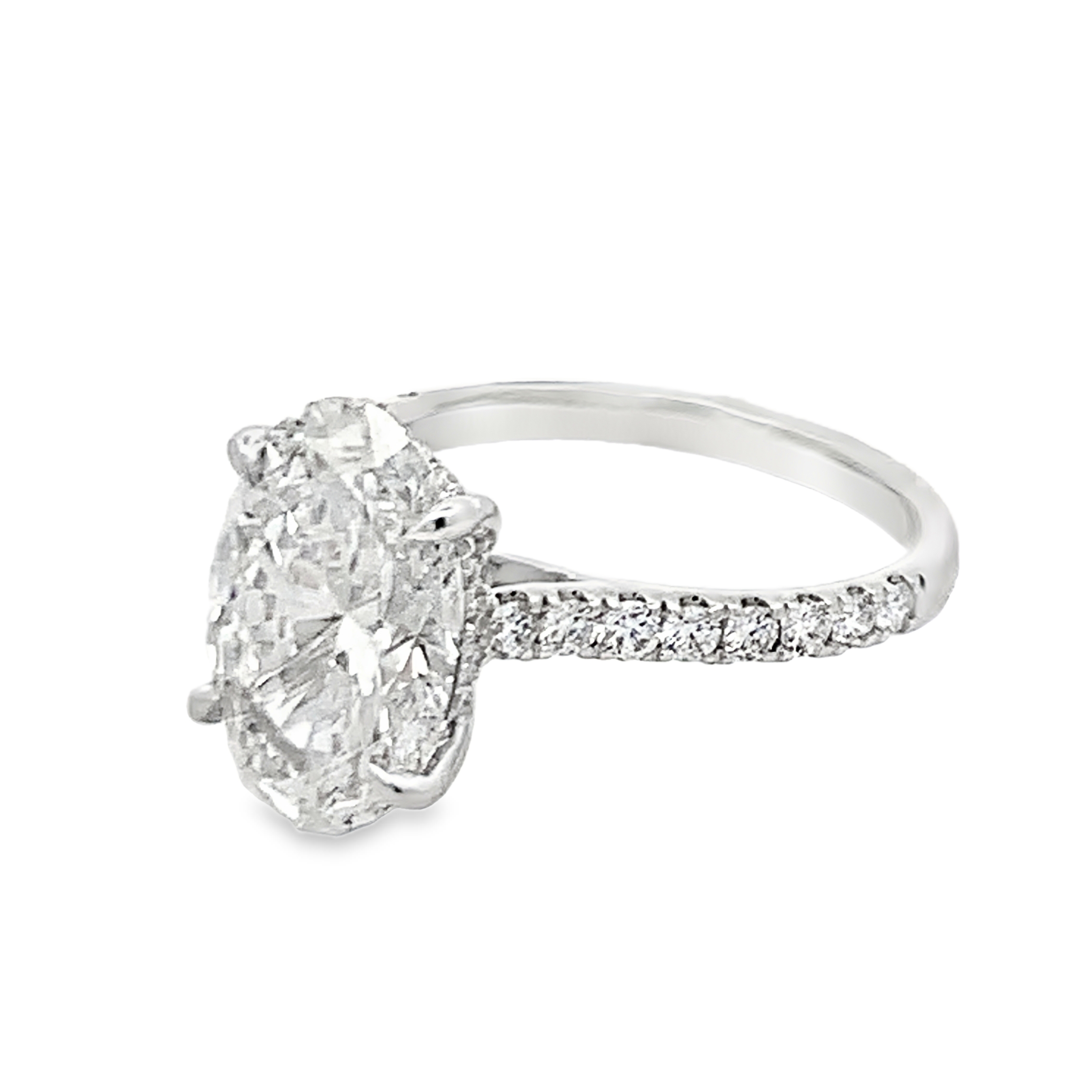 14K White Gold Lab Grown Diamond Engagement Ring with 1 Lab Grown Center Oval Diamond 4.00ct G VS and 32 Lab Grown Round Cut Diamonds 0.55ct G VS Size 6.75