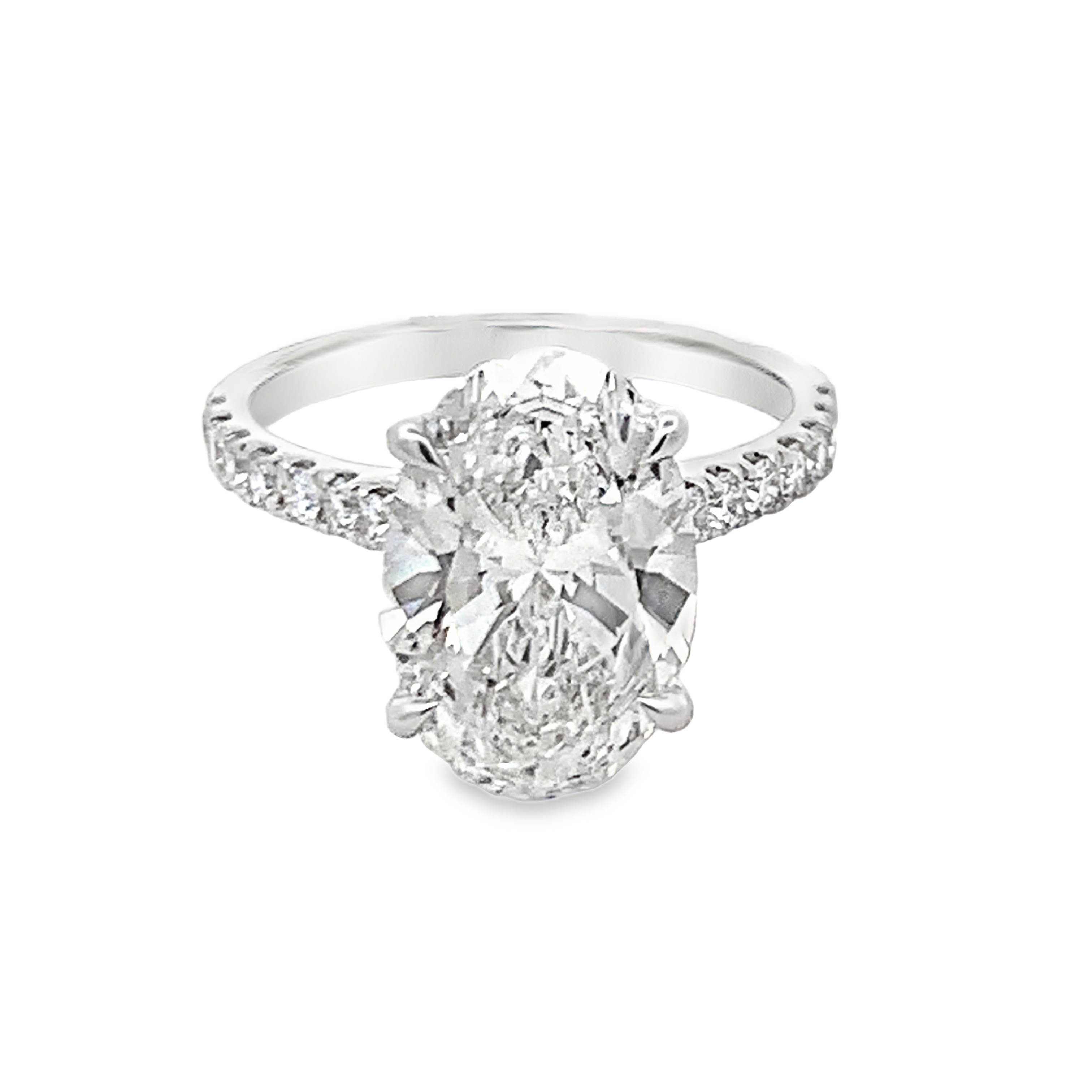 14K White Gold Lab Grown Diamond Engagement Ring with 1 Lab Grown Center Oval Diamond 4.00ct G VS and 32 Lab Grown Round Cut Diamonds 0.55ct G VS Size 6.75