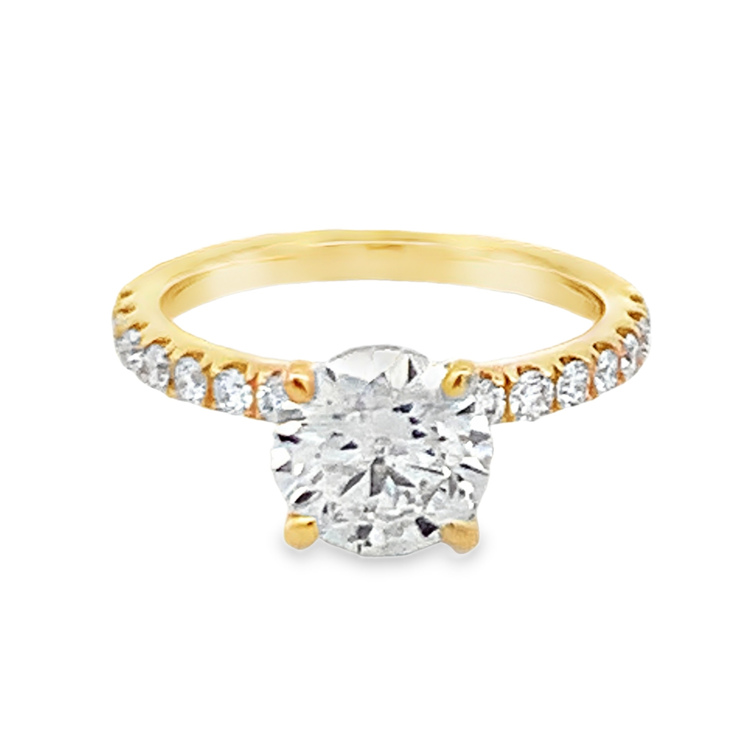 14K Yellow Gold Lab Grown Diamond Engagement Ring with 1 Lab Grown Round Center Diamond 2.00ct G VS and 30 Lab Grown Round Cut Diamonds 0.50ct G VS Size 7