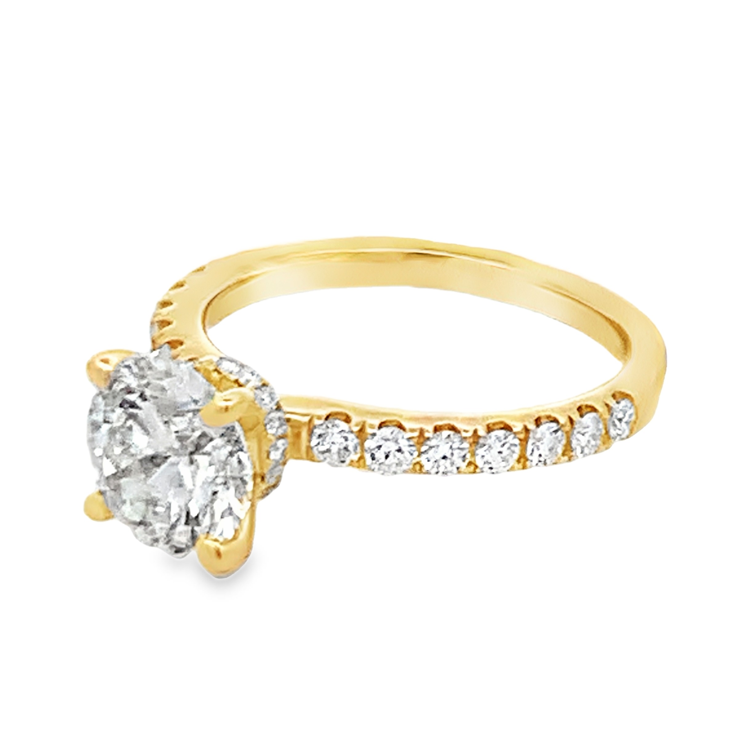 14K Yellow Gold Lab Grown Diamond Engagement Ring with 1 Lab Grown Round Center Diamond 2.00ct G VS and 30 Lab Grown Round Cut Diamonds 0.50ct G VS Size 7