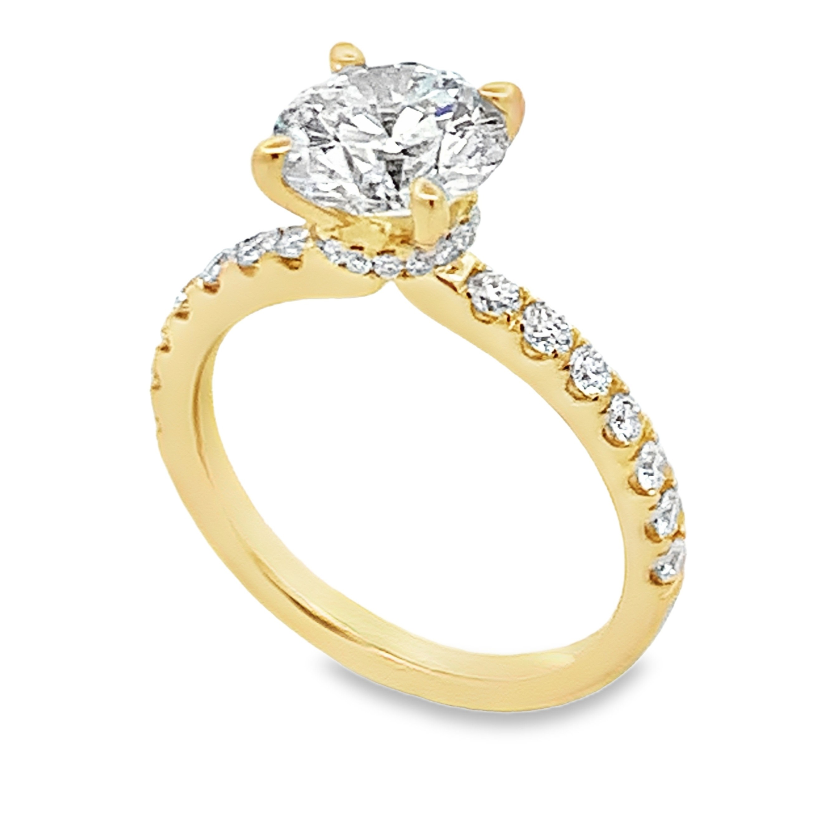 14K Yellow Gold Lab Grown Diamond Engagement Ring with 1 Lab Grown Round Center Diamond 2.00ct G VS and 30 Lab Grown Round Cut Diamonds 0.50ct G VS Size 7