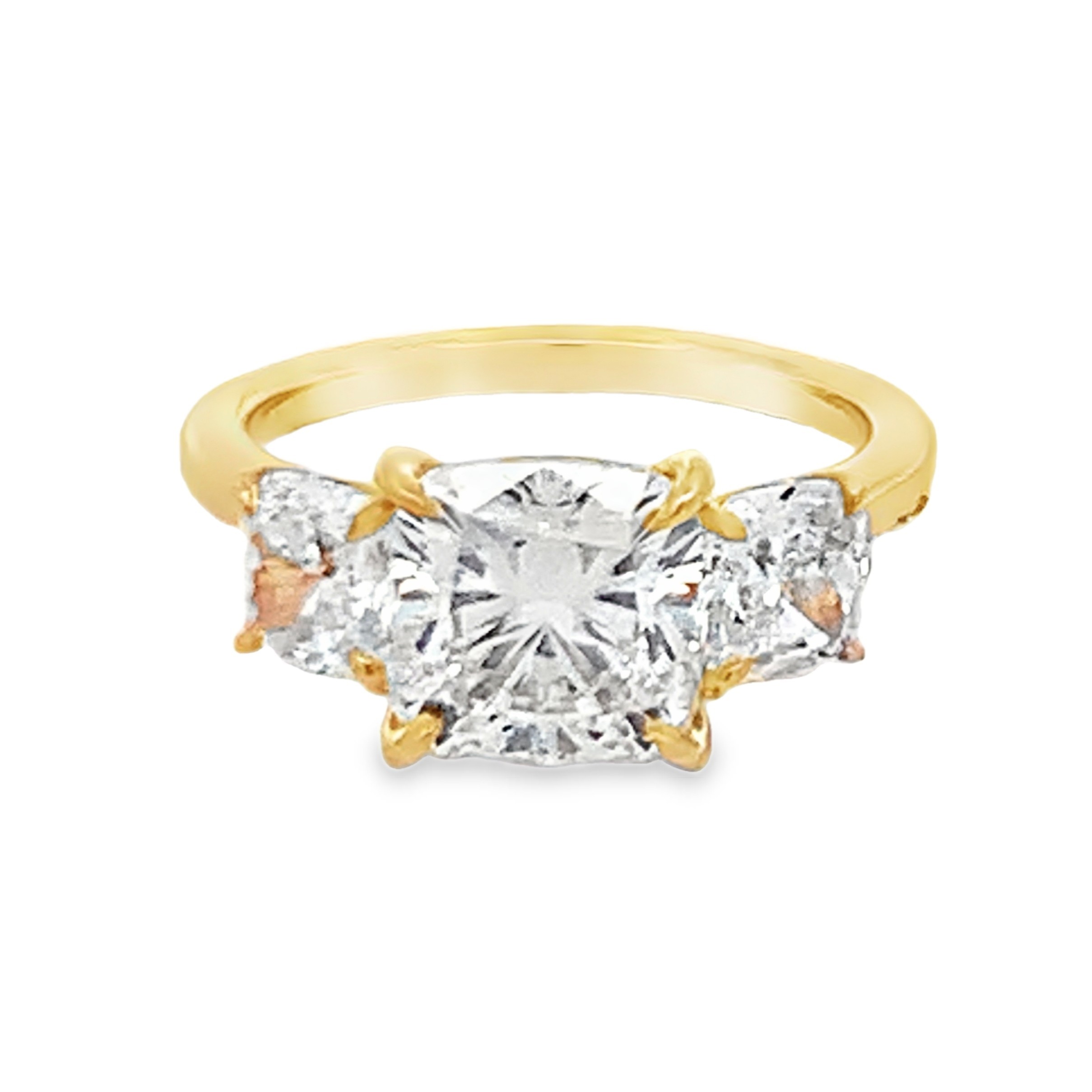 14K Yellow Gold Lab Grown Diamond Engagement Ring with 1 Lab Grown Cushion Center Diamond 3.00ct G VS and 2 Side Lab Grown Cushion Diamonds 1.50ct G VS Size 7