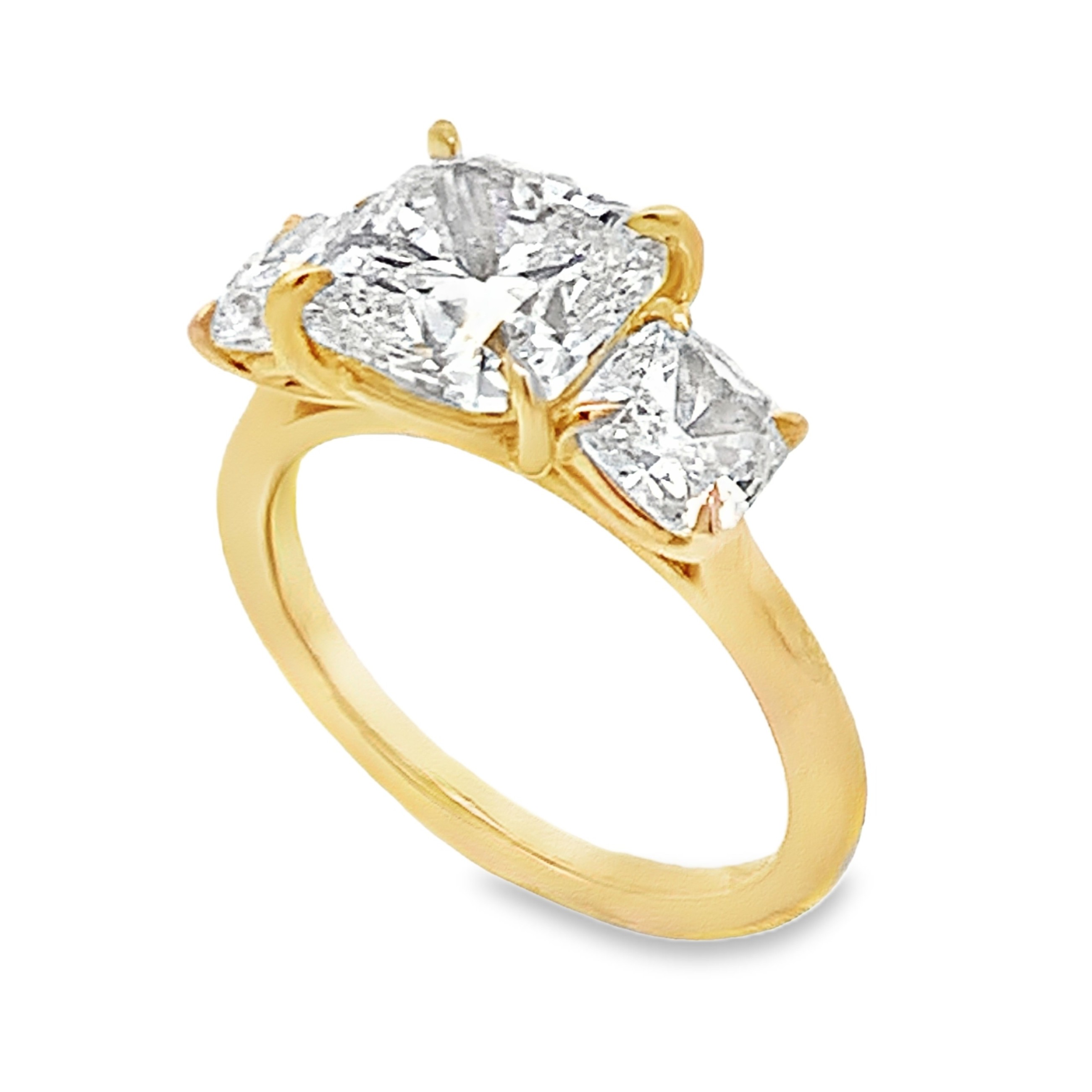 14K Yellow Gold Lab Grown Diamond Engagement Ring with 1 Lab Grown Cushion Center Diamond 3.00ct G VS and 2 Side Lab Grown Cushion Diamonds 1.50ct G VS Size 7