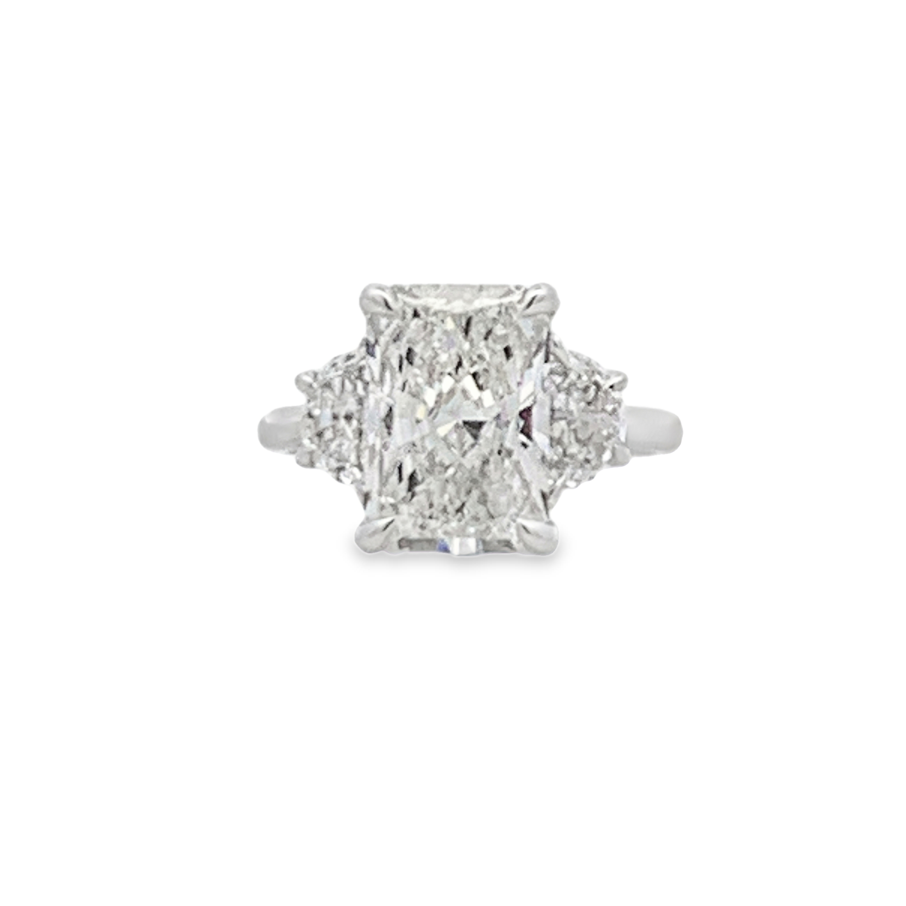 14K White Gold Lab Grown Diamond Engagement Ring with 1 Lab Grown Radiant Center Diamond 5.00ct G VS and 2 Lab Grown Trapezoid Side Diamonds and 22 Lab Grown Round Diamonds 1.09ct G VS Size 7