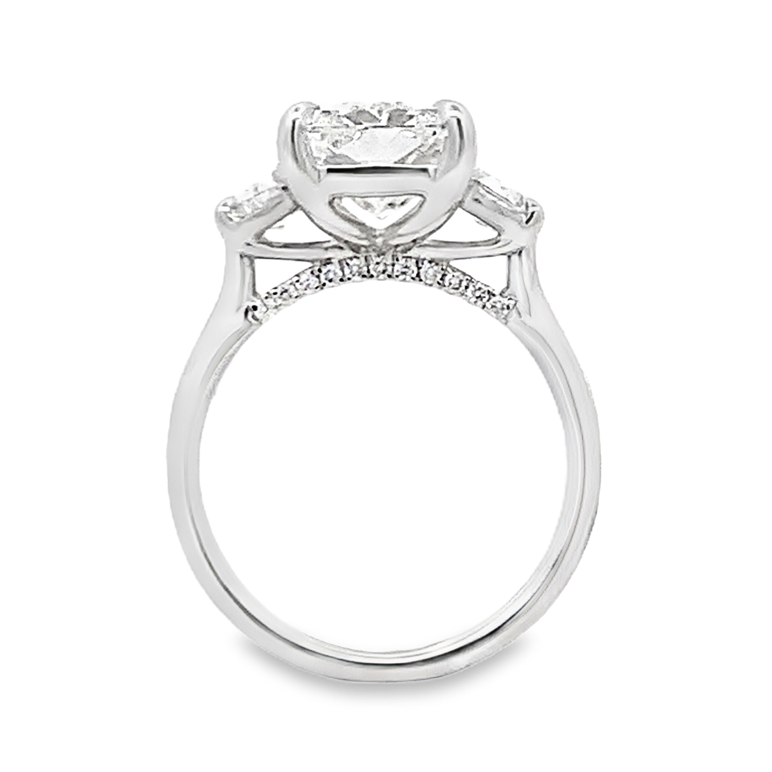 14K White Gold Lab Grown Diamond Engagement Ring with 1 Lab Grown Radiant Center Diamond 5.00ct G VS and 2 Lab Grown Trapezoid Side Diamonds and 22 Lab Grown Round Diamonds 1.09ct G VS Size 7