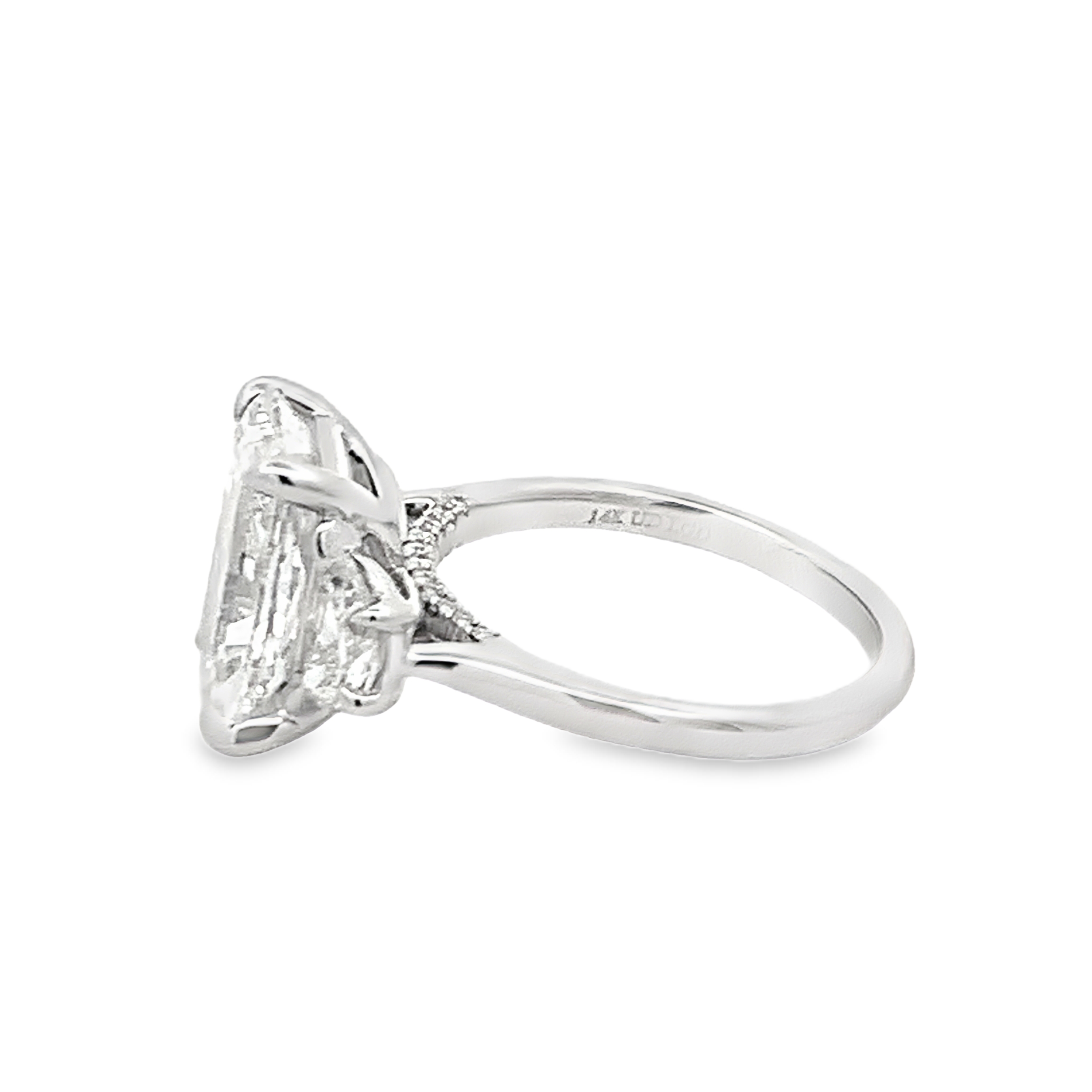 14K White Gold Lab Grown Diamond Engagement Ring with 1 Lab Grown Radiant Center Diamond 5.00ct G VS and 2 Lab Grown Trapezoid Side Diamonds and 22 Lab Grown Round Diamonds 1.09ct G VS Size 7