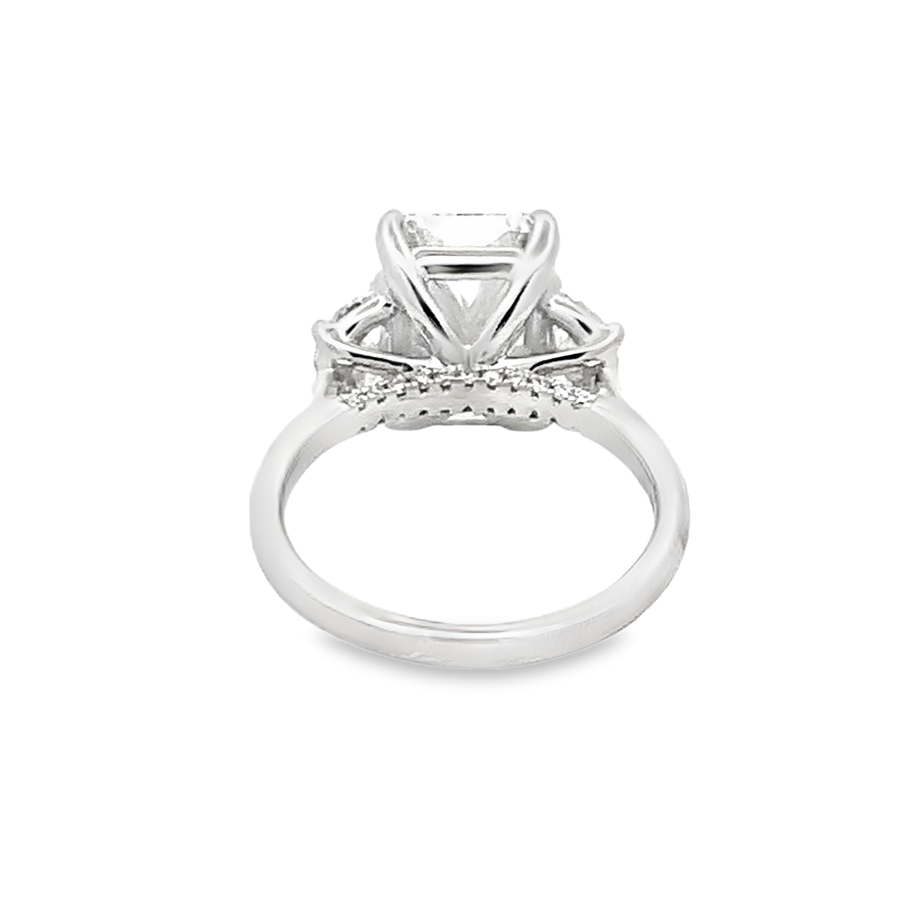 14K White Gold Lab Grown Diamond Engagement Ring with 1 Lab Grown Radiant Center Diamond 5.00ct G VS and 2 Lab Grown Trapezoid Side Diamonds and 22 Lab Grown Round Diamonds 1.09ct G VS Size 7