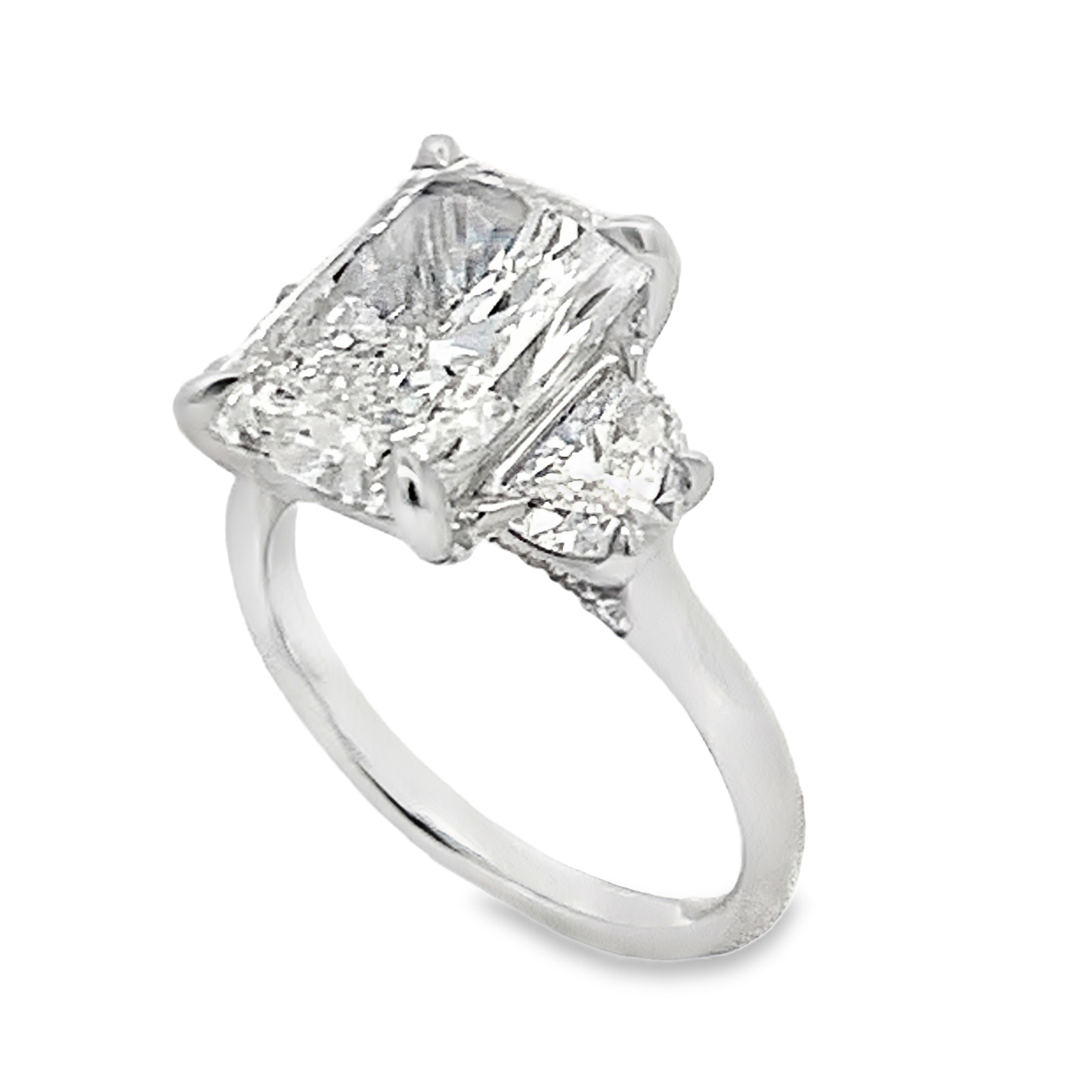 14K White Gold Lab Grown Diamond Engagement Ring with 1 Lab Grown Radiant Center Diamond 5.00ct G VS and 2 Lab Grown Trapezoid Side Diamonds and 22 Lab Grown Round Diamonds 1.09ct G VS Size 7