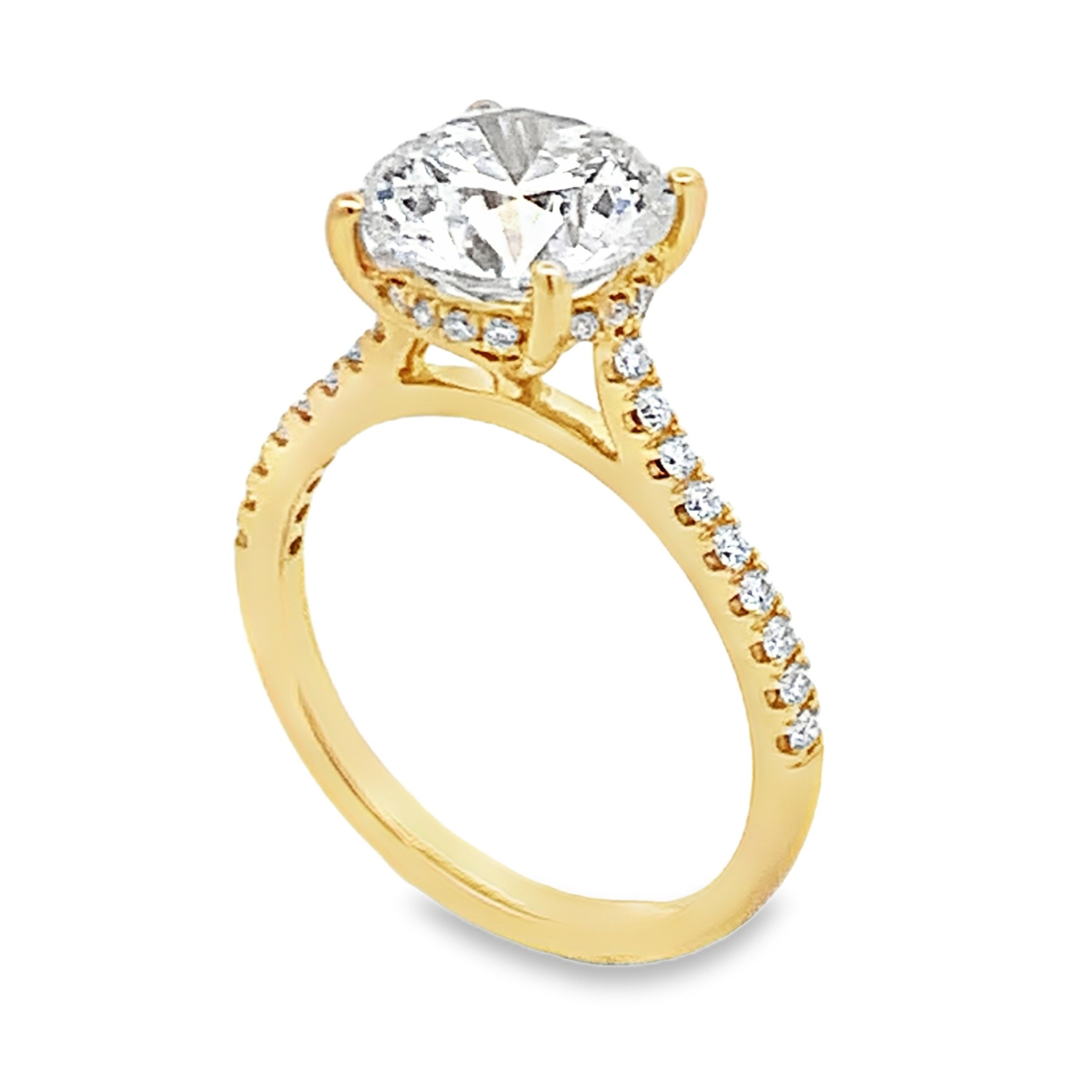 14K Yellow Gold Lab Grown Diamond Engagement Ring with 1 Lab Grown Round Center Diamond 3.00ct G VS and 34 Lab Grown Round Diamonds 0.29ct G VS Size 7