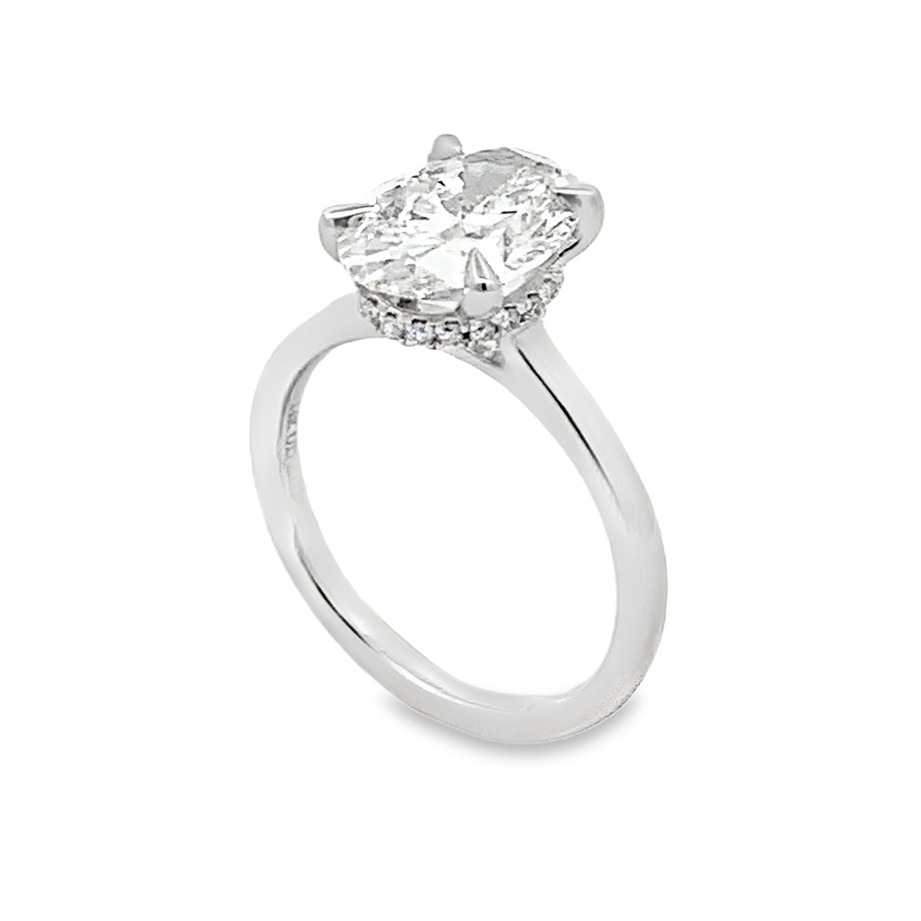 14K White Gold Lab Grown Diamond Engagement Ring with 1 Lab Grown Oval Center Diamond 3.00ct G VS and 20 Lab Grown Round Diamonds 0.11ct G VS Size 6.75