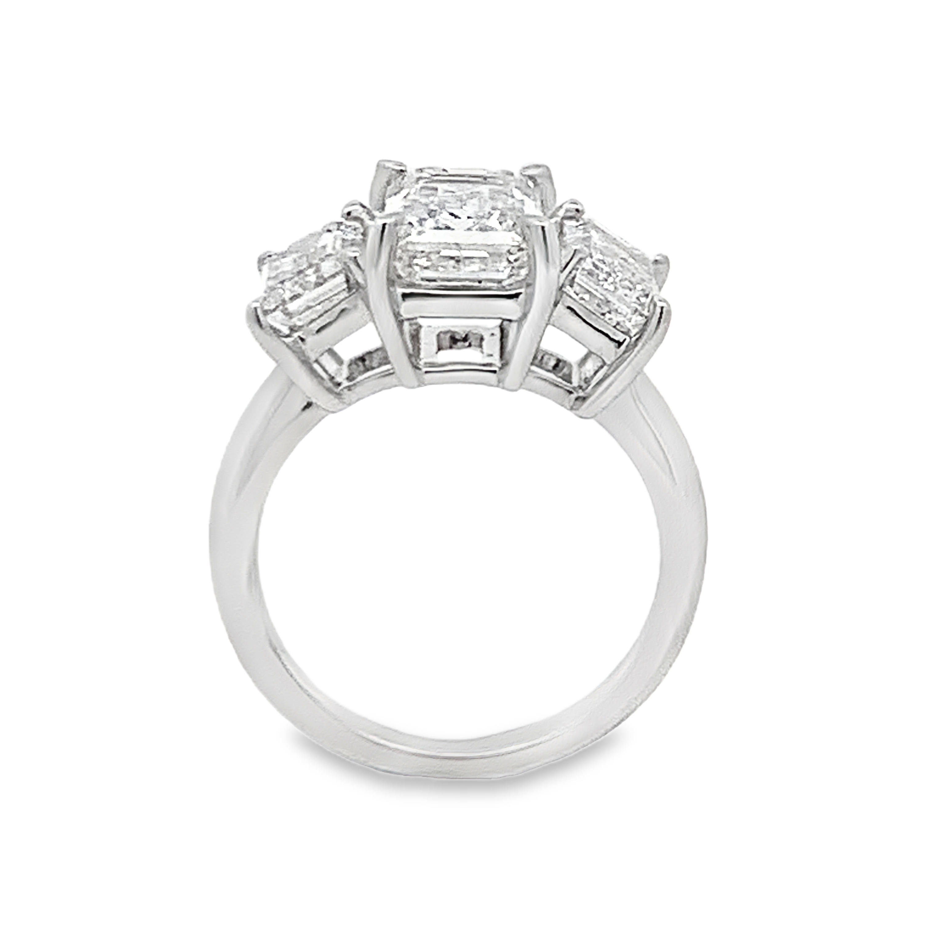 18 Karat White Gold Lab Grown Diamond Engagement Ring with 1 Lab Grown Emerald Diamond 3.00ct G VS and 2 Side Lab Grown Emerald Diamonds 2.00ct G VS Size 7