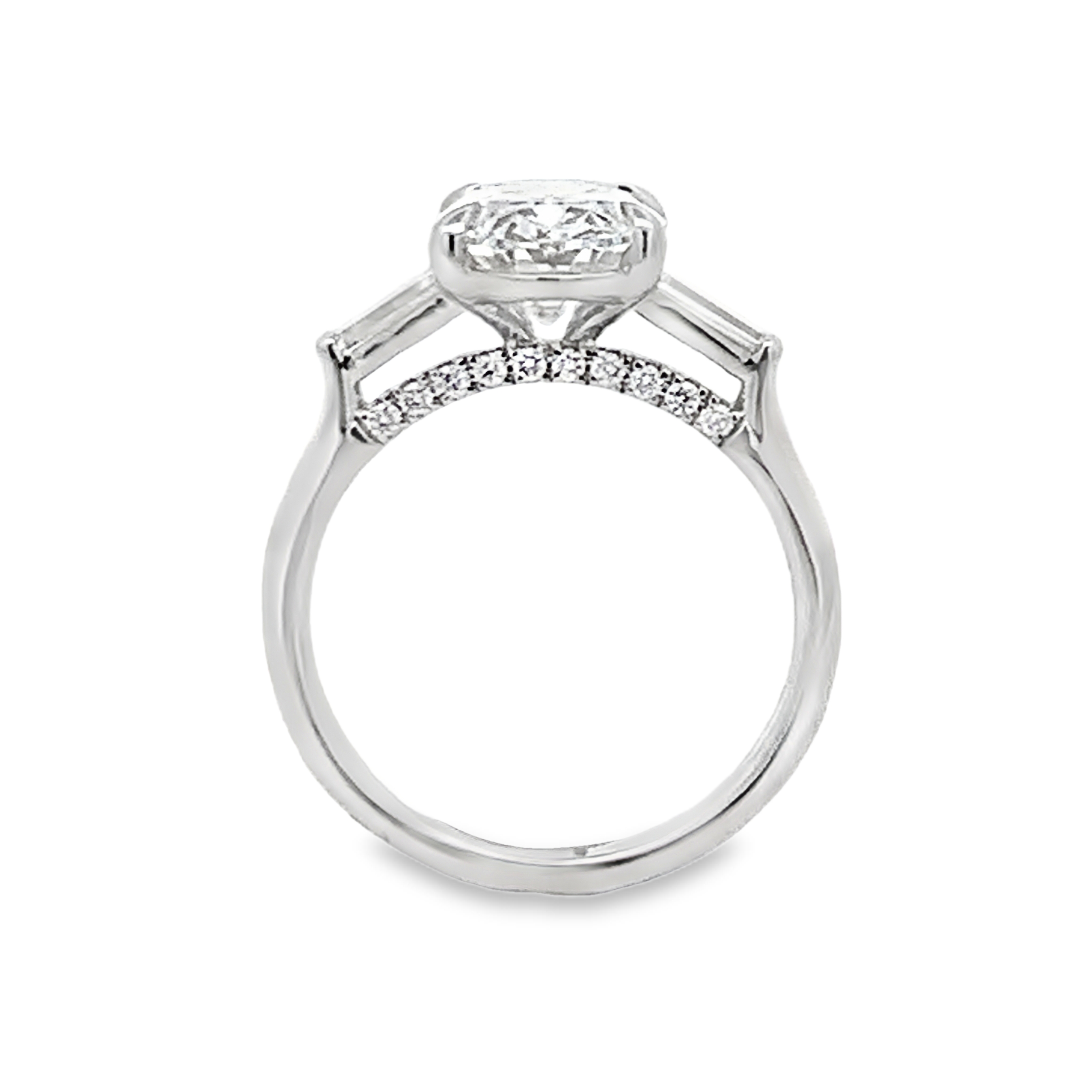 14K White Gold Lab Grown Diamond Engagement Ring with 1 Lab Grown Oval Center Diamond 3ct G VS and 2 Lab Grown Trapezoid and 20 Lab Grown Round Diamonds .50ct G VS Size 6.75