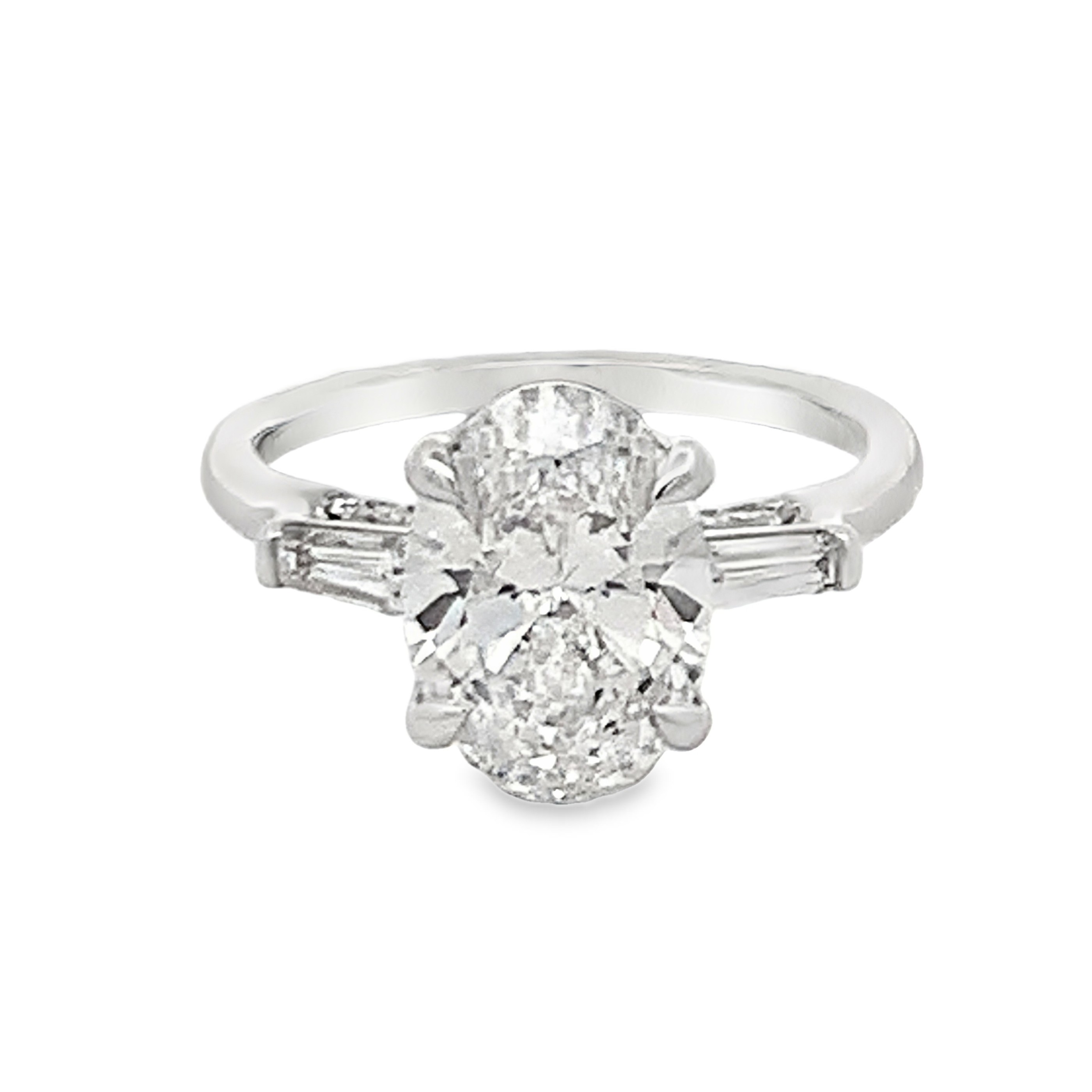 14K White Gold Lab Grown Diamond Engagement Ring with 1 Lab Grown Oval Center Diamond 3ct G VS and 2 Lab Grown Trapezoid and 20 Lab Grown Round Diamonds .50ct G VS Size 6.75