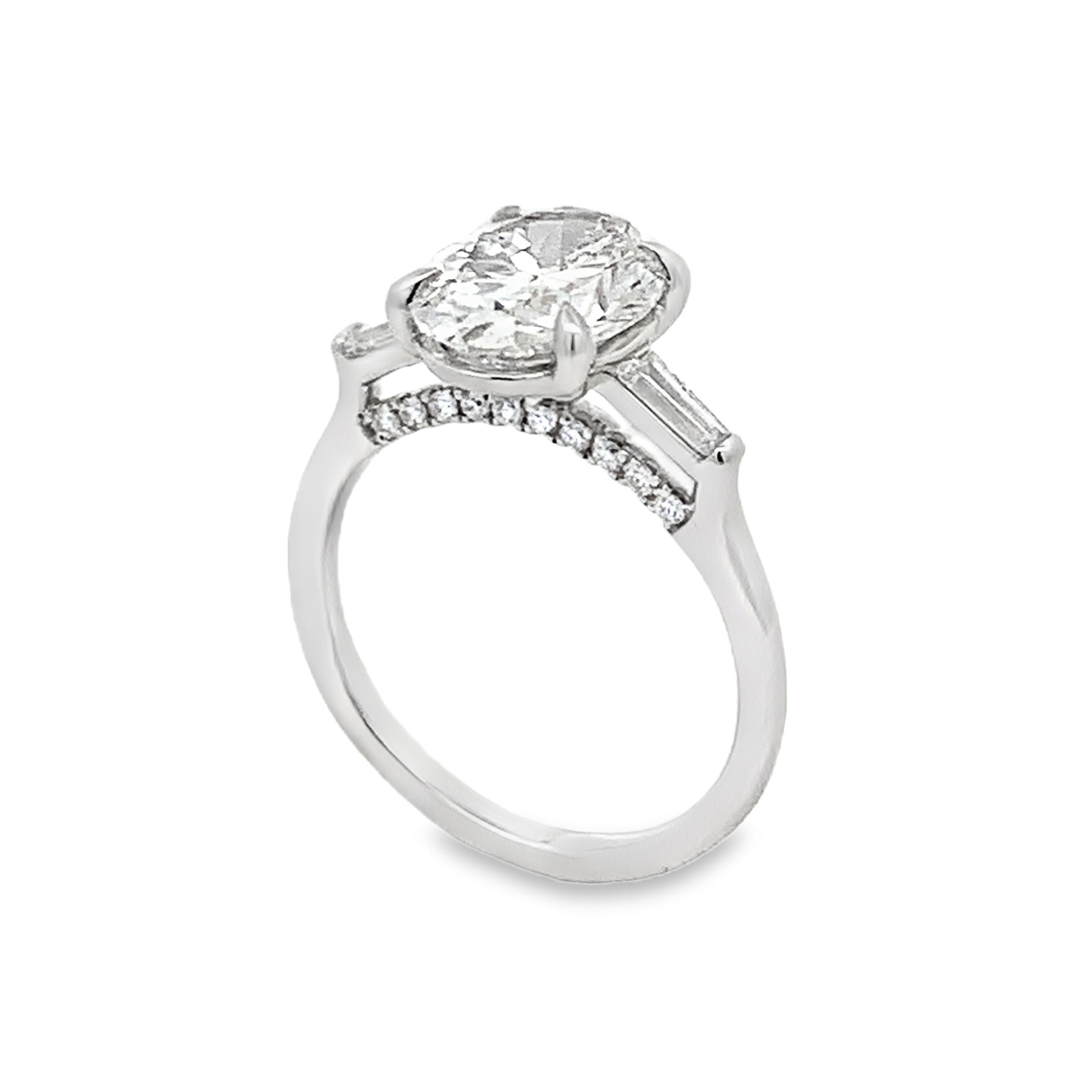 14K White Gold Lab Grown Diamond Engagement Ring with 1 Lab Grown Oval Center Diamond 3ct G VS and 2 Lab Grown Trapezoid and 20 Lab Grown Round Diamonds .50ct G VS Size 6.75