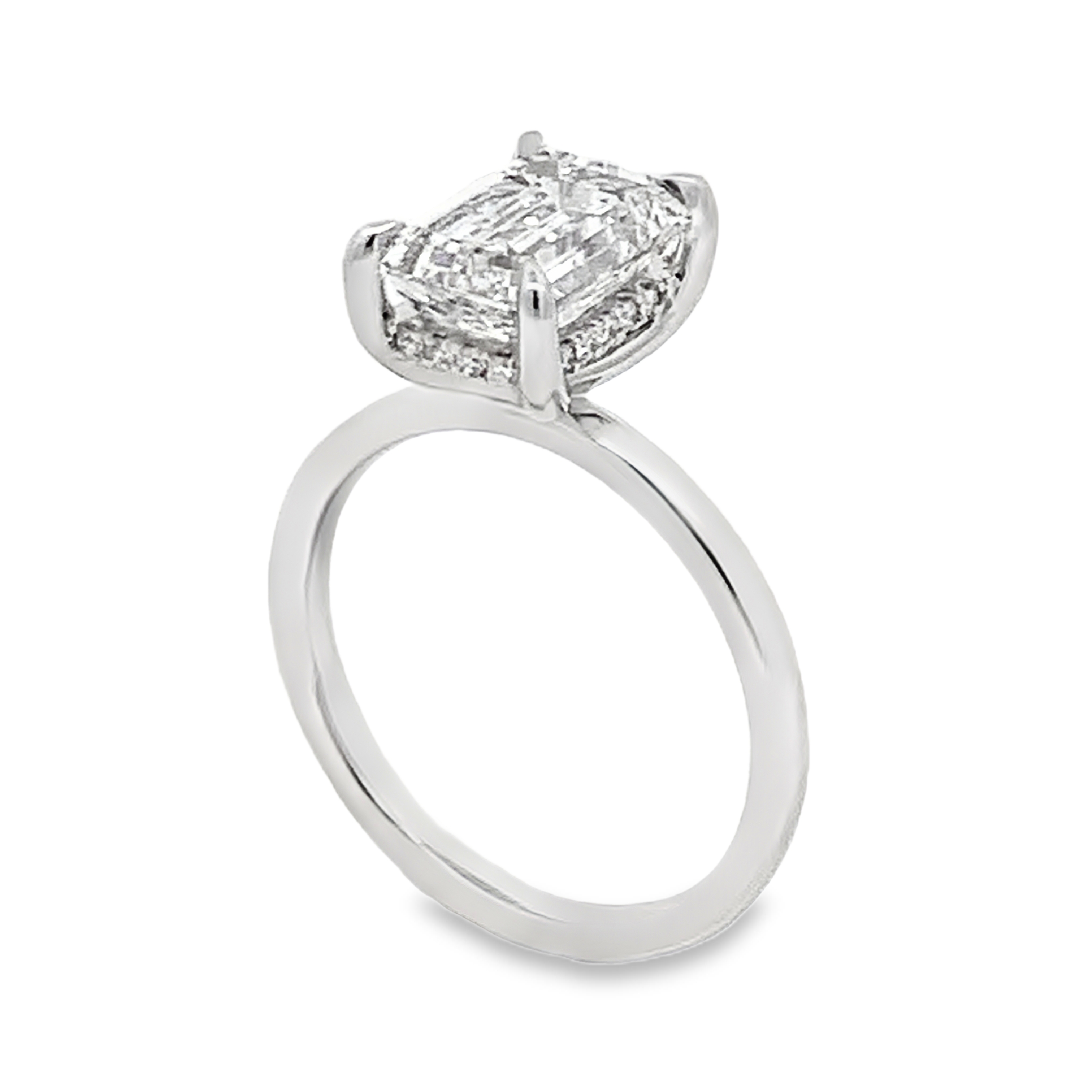14K White Gold Lab Grown Diamond Engagement Ring with 1 Lab Grown Emerald Diamond 3.00ct G VS and 18 Round Diamonds 0.09ct G VS Size 7