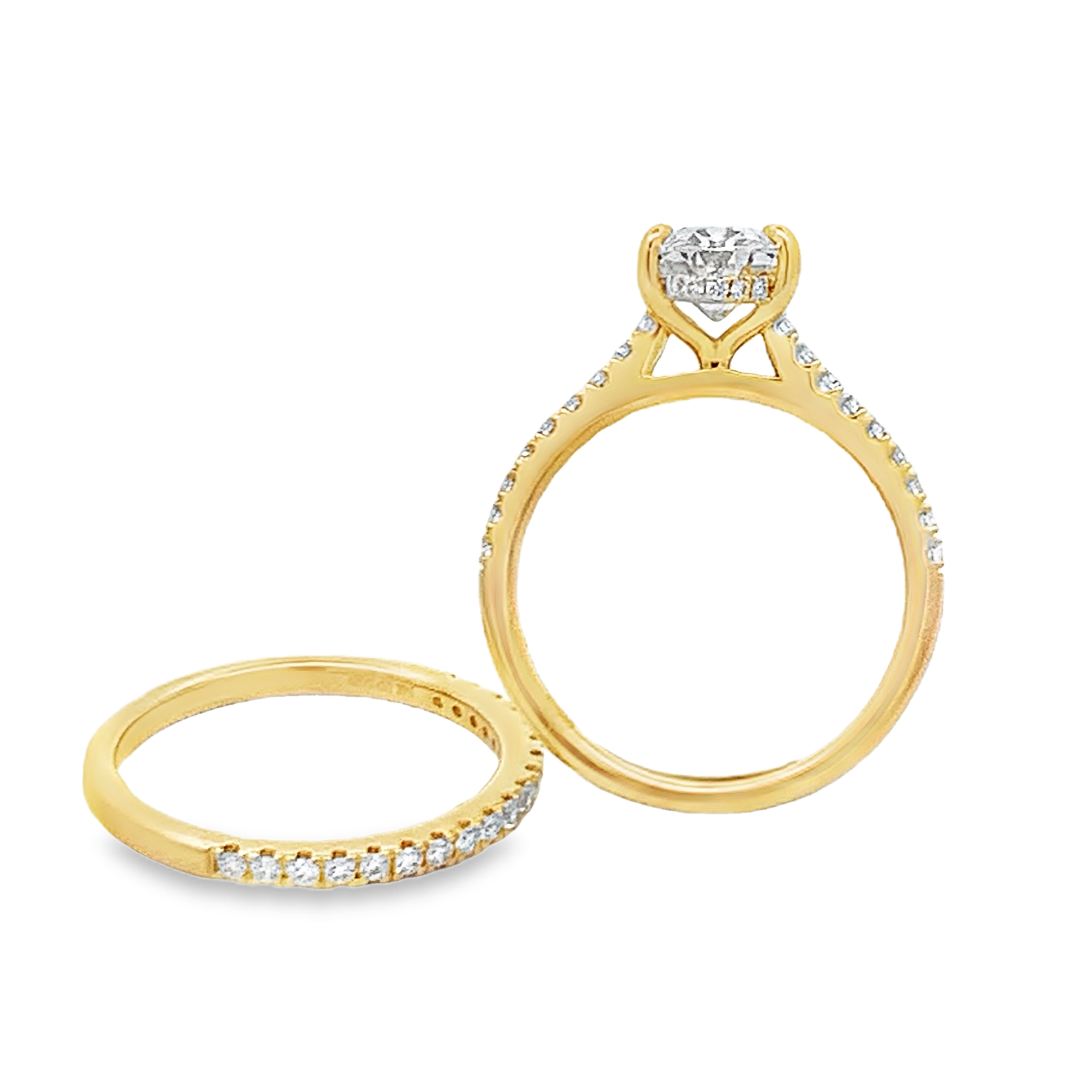 14K Yellow Gold Lab Grown Diamond Engagement Ring and Wedding Band with 1 Lab Grown Oval Center Diamond 2.00ct G VS and 55 Round Diamonds 0.52ct G VS Size 7