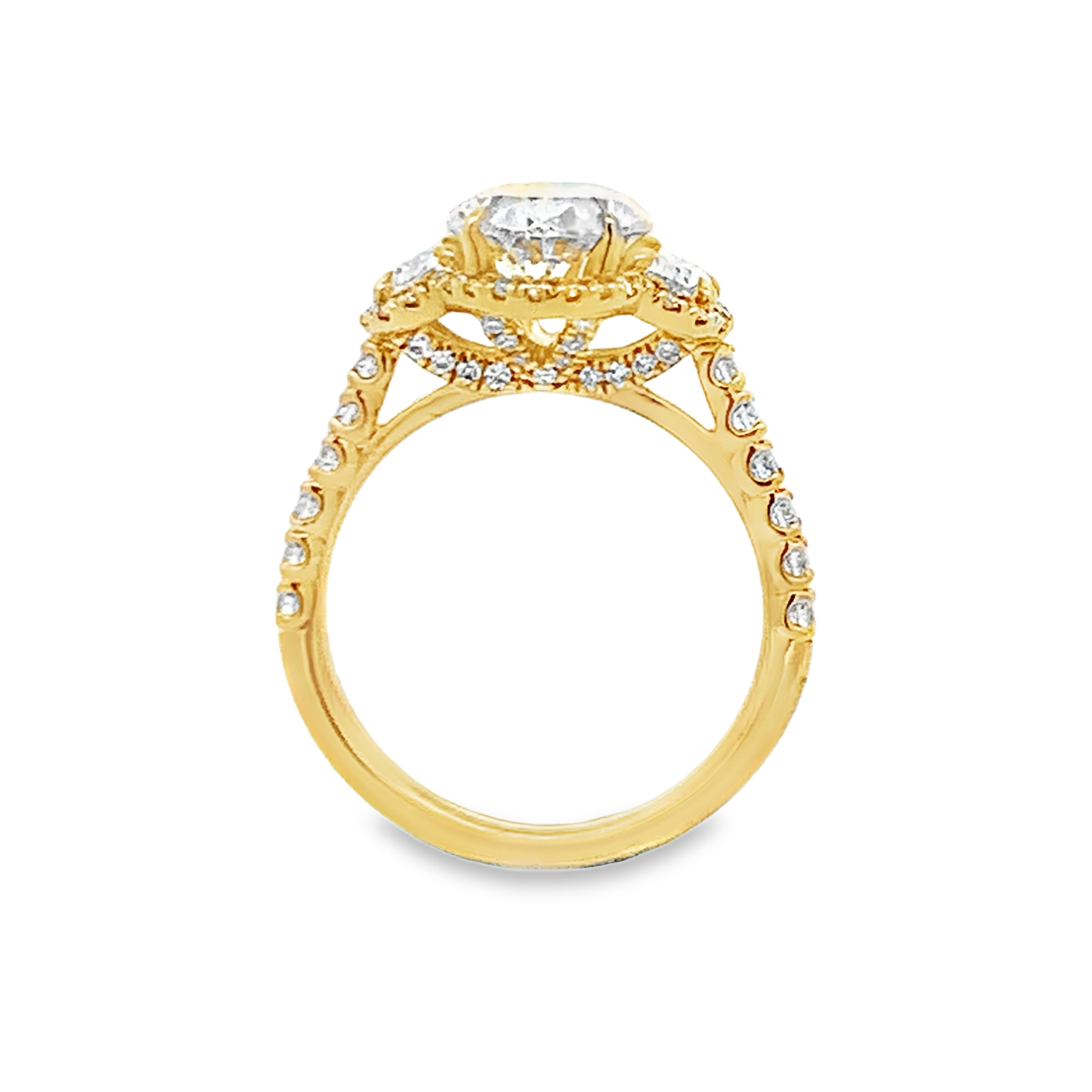 18K Yellow Gold Lab Grown Diamond Engagement Ring with 1 Lab Grown Oval Center Diamond 3.00ct G VS and 2 Lab Grown Half Moon Side Diamonds and 74 Round Diamonds 1.25ct G VS Size 7