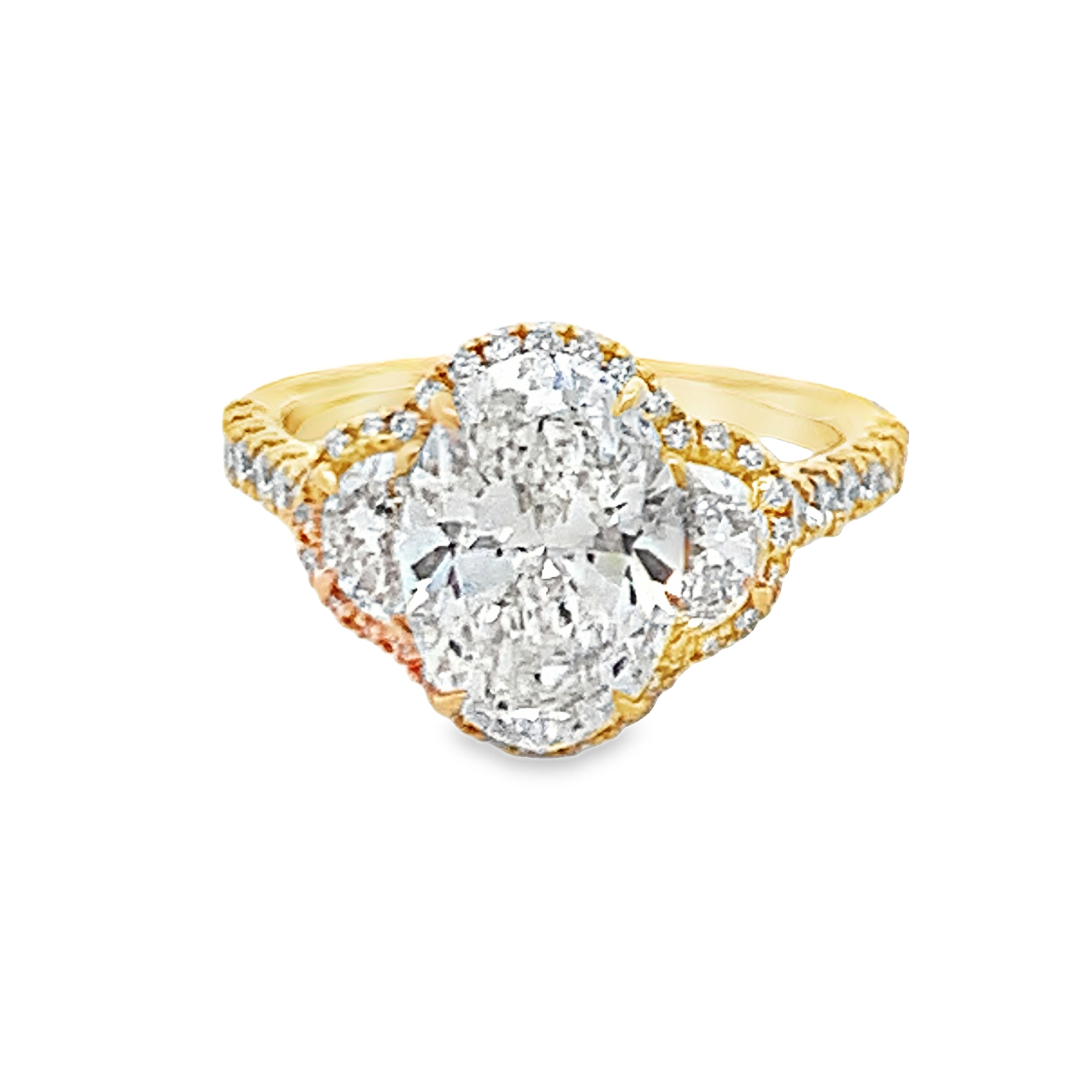 18K Yellow Gold Lab Grown Diamond Engagement Ring with 1 Lab Grown Oval Center Diamond 3.00ct G VS and 2 Lab Grown Half Moon Side Diamonds and 74 Round Diamonds 1.25ct G VS Size 7