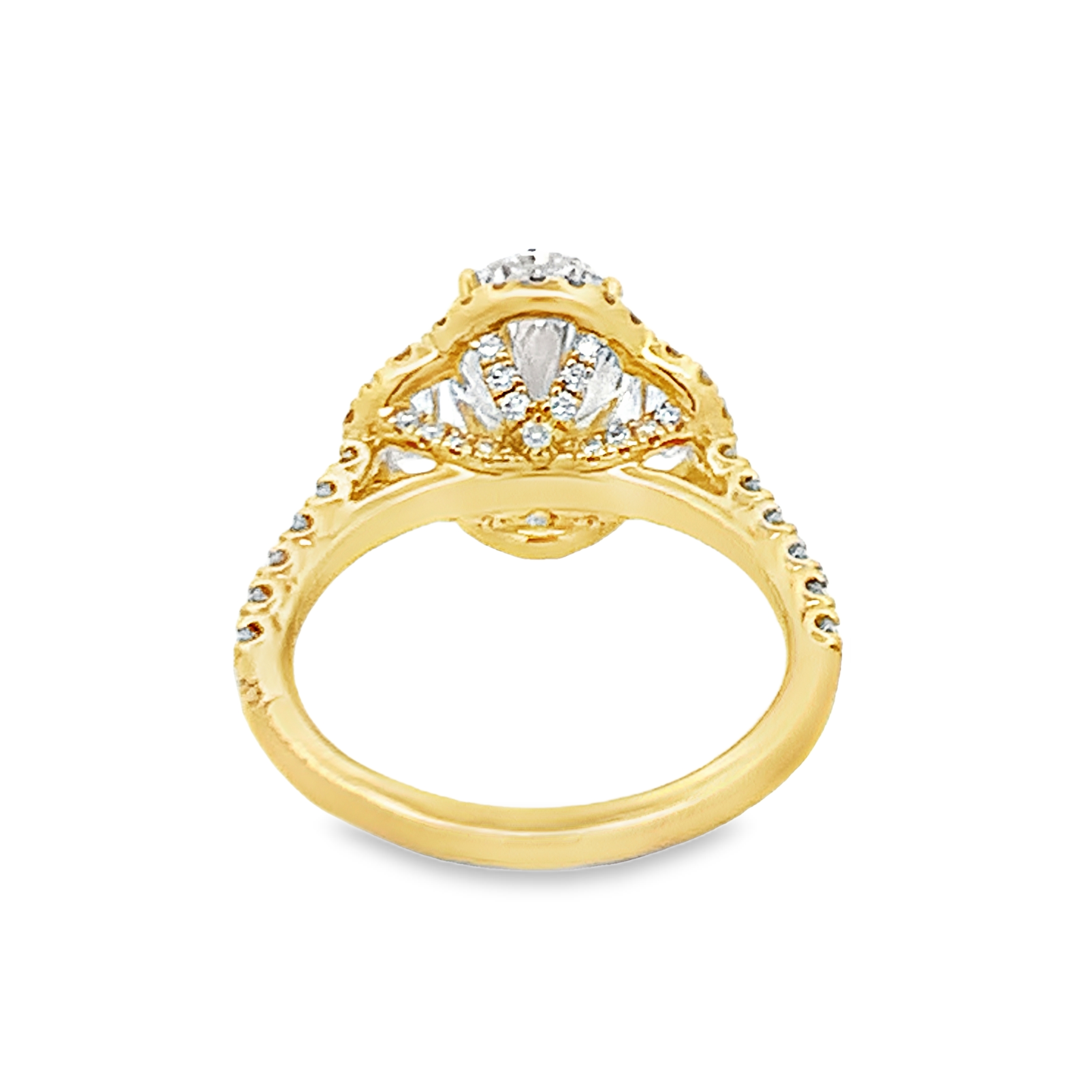 18K Yellow Gold Lab Grown Diamond Engagement Ring with 1 Lab Grown Oval Center Diamond 3.00ct G VS and 2 Lab Grown Half Moon Side Diamonds and 74 Round Diamonds 1.25ct G VS Size 7