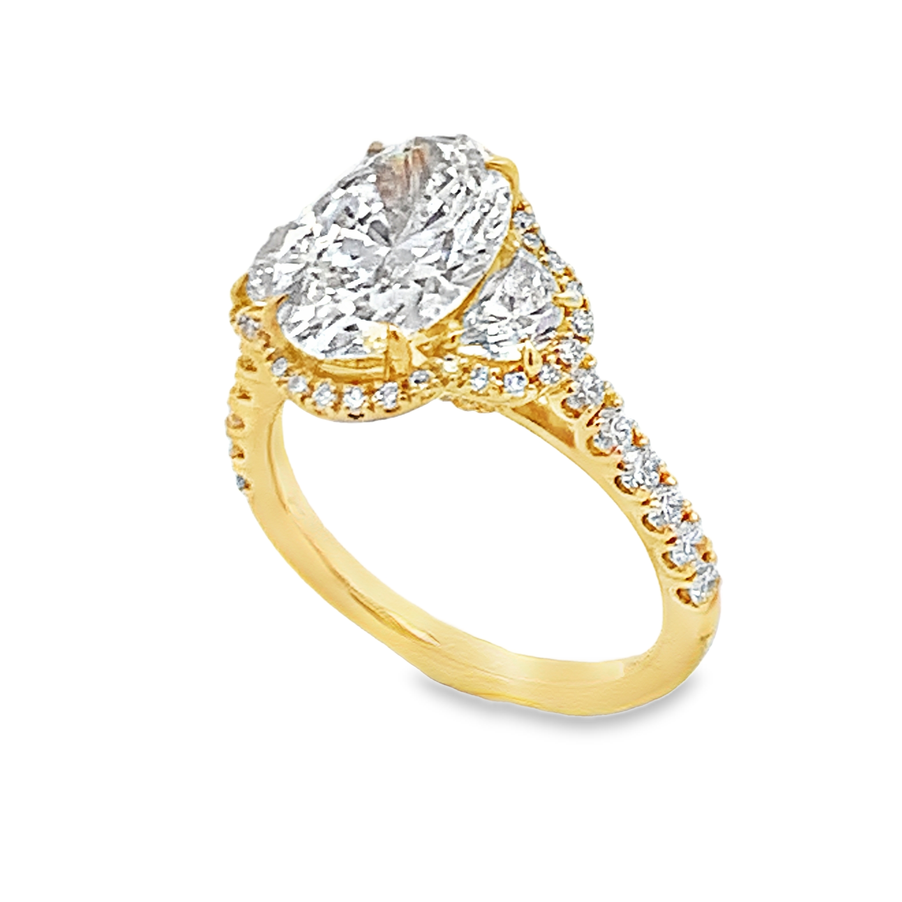 18K Yellow Gold Lab Grown Diamond Engagement Ring with 1 Lab Grown Oval Center Diamond 3.00ct G VS and 2 Lab Grown Half Moon Side Diamonds and 74 Round Diamonds 1.25ct G VS Size 7