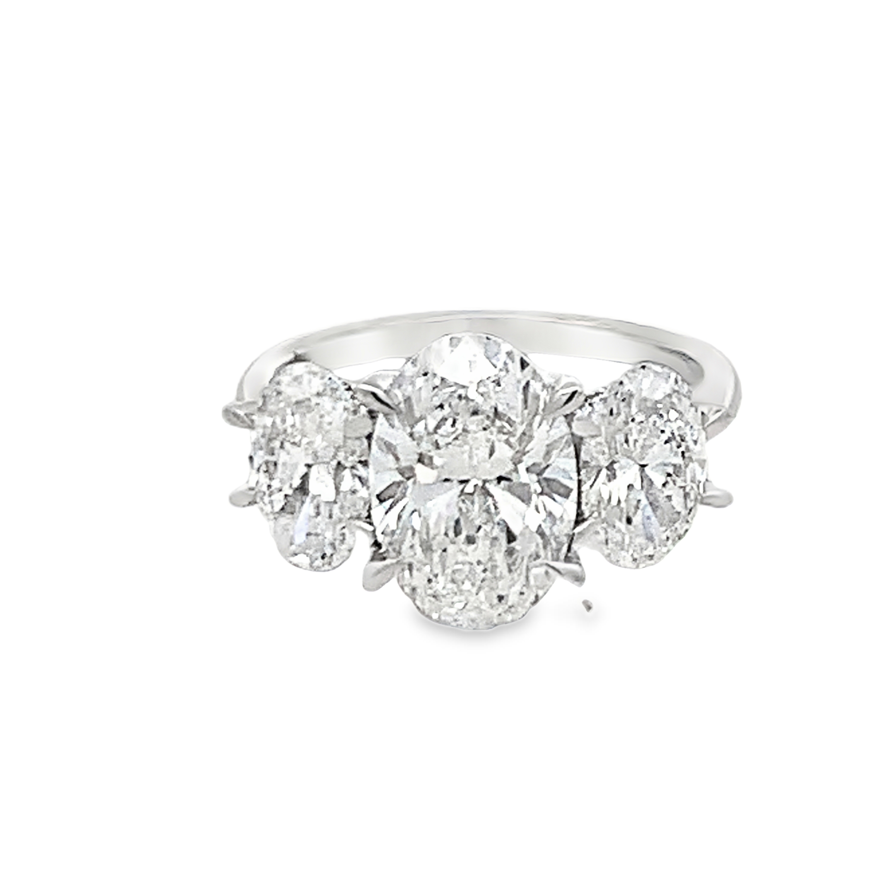 18K White Gold Lab Grown Diamond Engagement Ring with 1 Lab Grown Oval Cut Diamond 3.00ct E VS2 and 2 Lab Grown Oval Side Diamonds and 22 Lab Grown Round Diamonds 2.09ct G VS Size 6.75