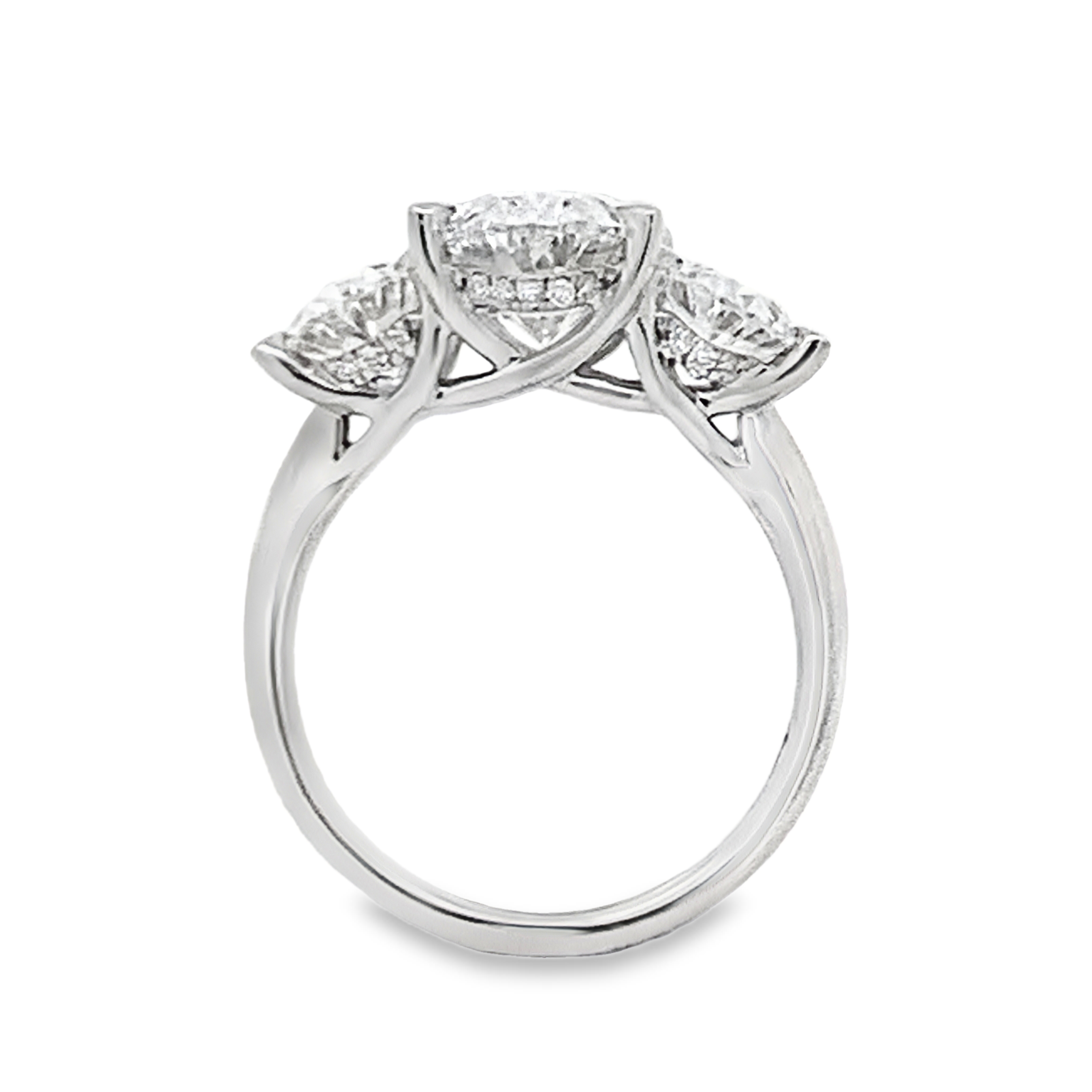 18K White Gold Lab Grown Diamond Engagement Ring with 1 Lab Grown Oval Cut Diamond 3.00ct E VS2 and 2 Lab Grown Oval Side Diamonds and 22 Lab Grown Round Diamonds 2.09ct G VS Size 6.75