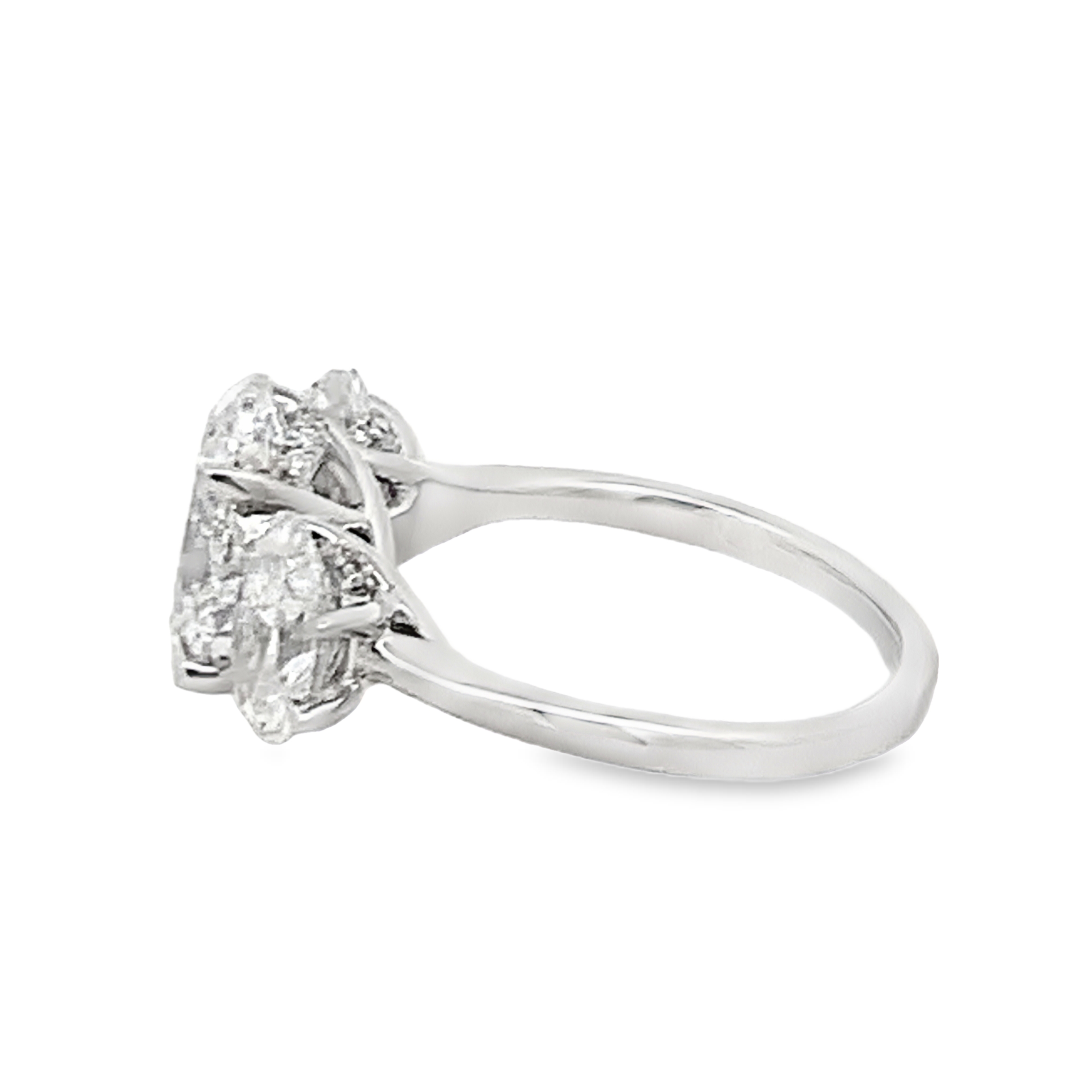 18K White Gold Lab Grown Diamond Engagement Ring with 1 Lab Grown Oval Cut Diamond 3.00ct E VS2 and 2 Lab Grown Oval Side Diamonds and 22 Lab Grown Round Diamonds 2.09ct G VS Size 6.75