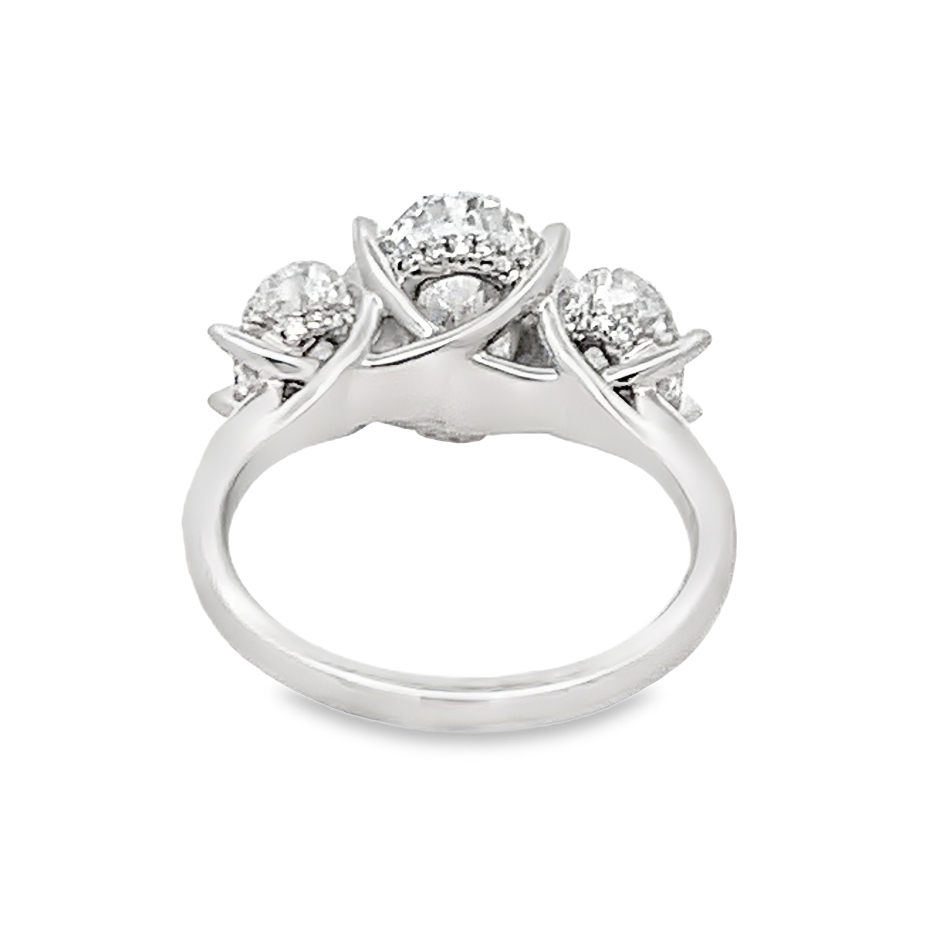 18K White Gold Lab Grown Diamond Engagement Ring with 1 Lab Grown Oval Cut Diamond 3.00ct E VS2 and 2 Lab Grown Oval Side Diamonds and 22 Lab Grown Round Diamonds 2.09ct G VS Size 6.75
