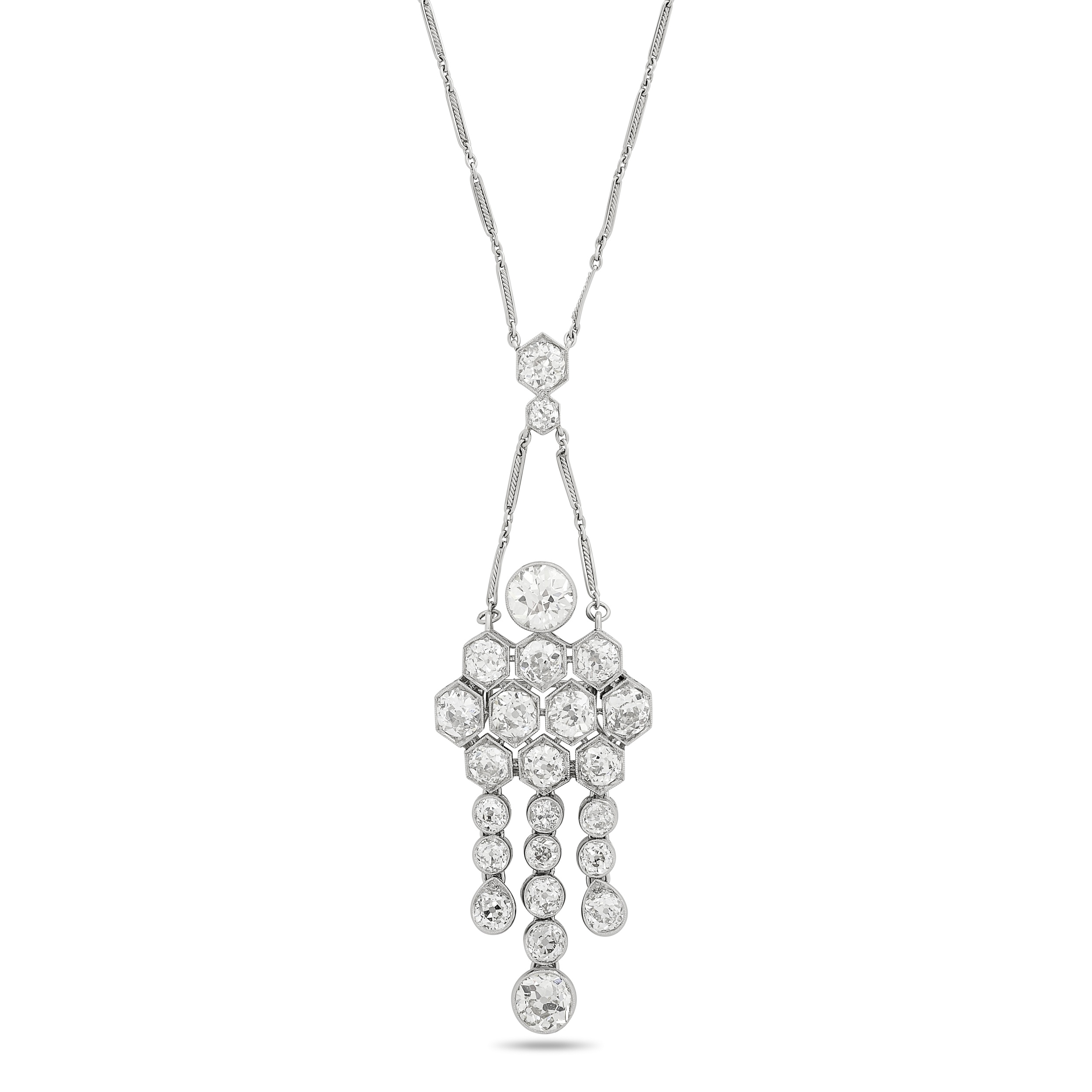 Estate Antique Platinum Diamond Hexagons Dangling Pendant/Brooch Convertible Necklace