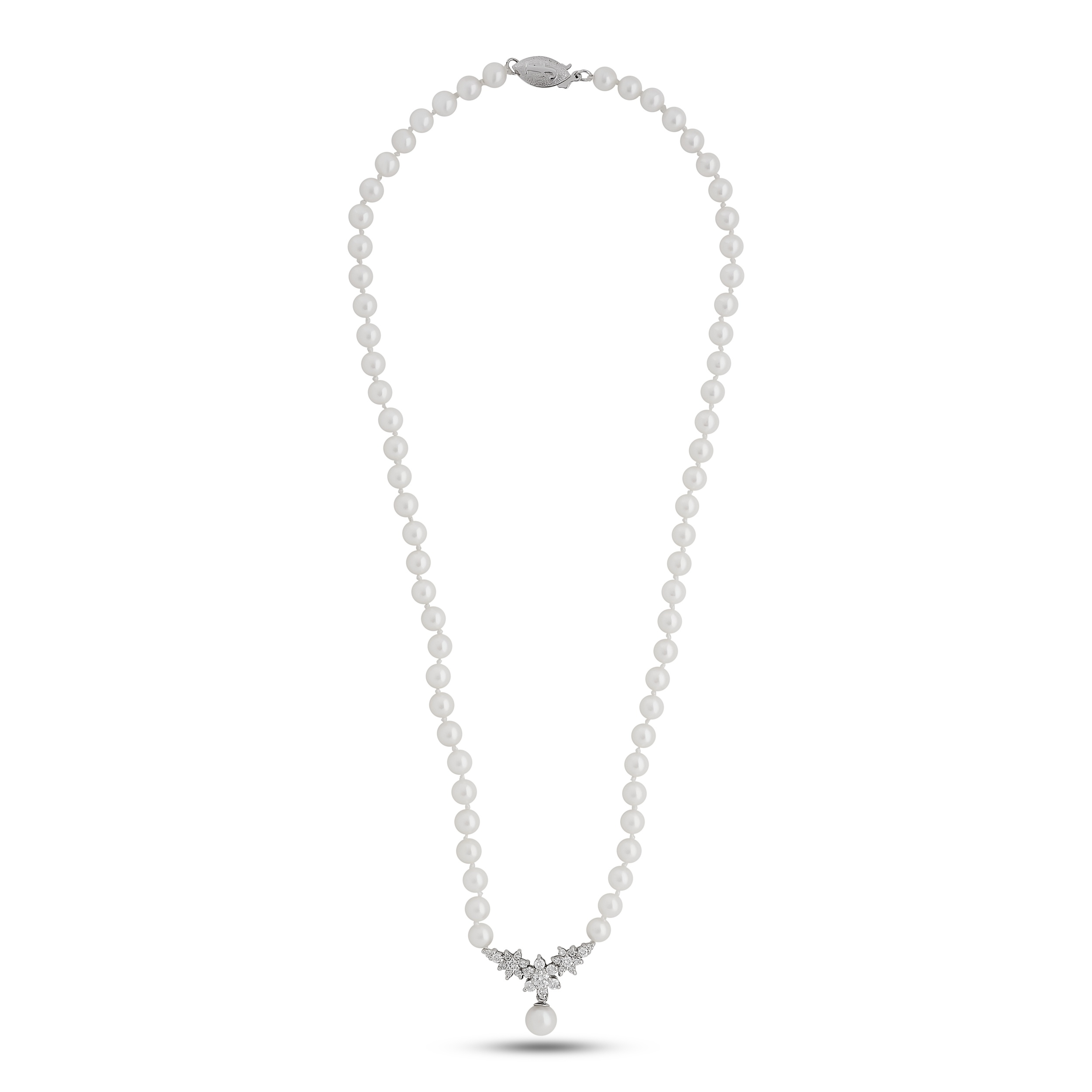 Estate 14K White Gold Cultured Pearl Strand & Diamond Floral Cluster Center Necklace