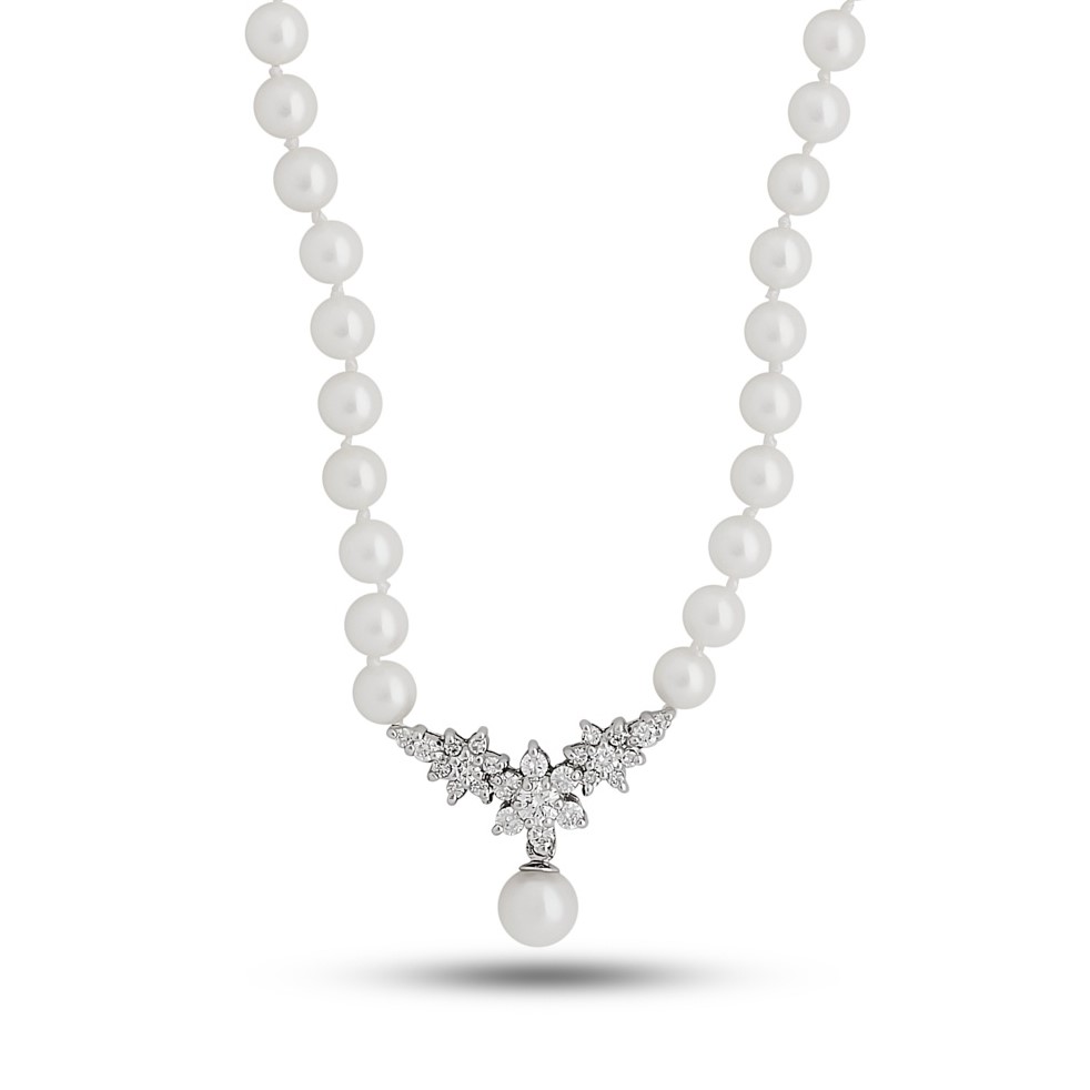 Estate 14K White Gold Cultured Pearl Strand & Diamond Floral Cluster Center Necklace