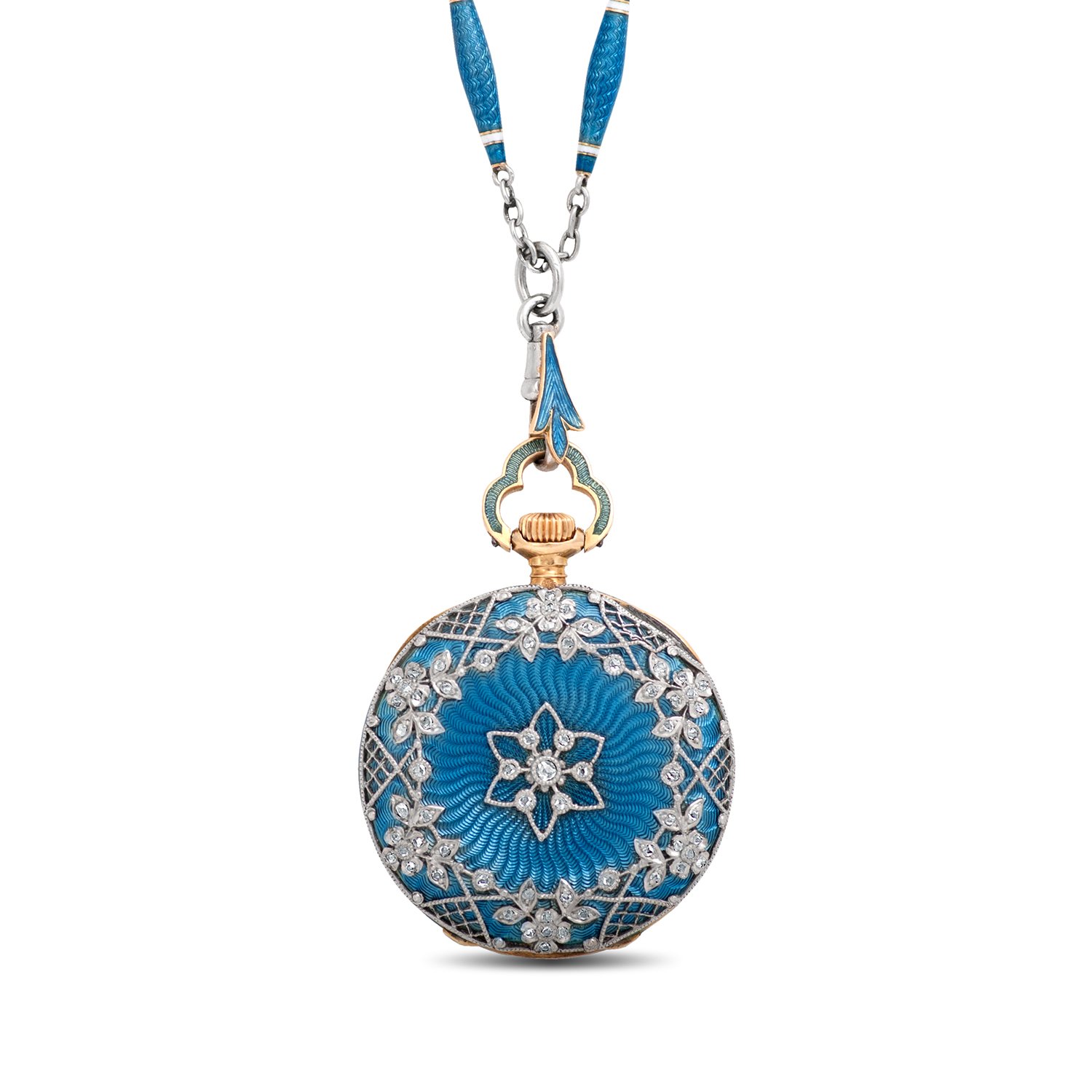 Estate Platinum & 18K Yellow Gold Blue Enamel Diamond Watch Necklace