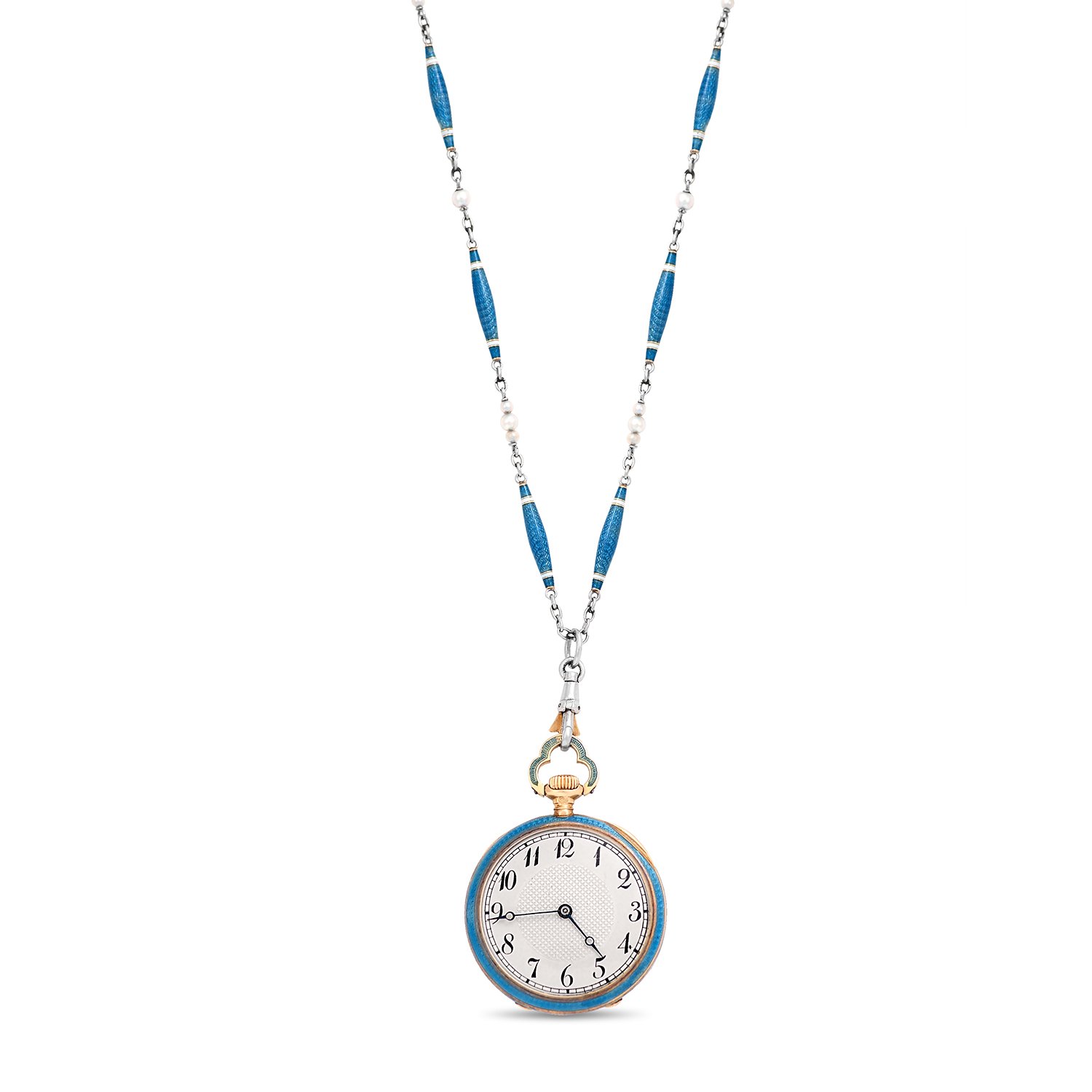Estate Platinum & 18K Yellow Gold Blue Enamel Diamond Watch Necklace
