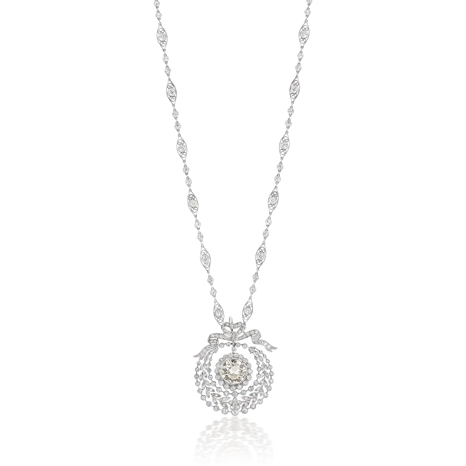 Estate J.E. Caldwell Platinum Diamond Ribbon and Wreath Pendant On Diamond Chain Necklace