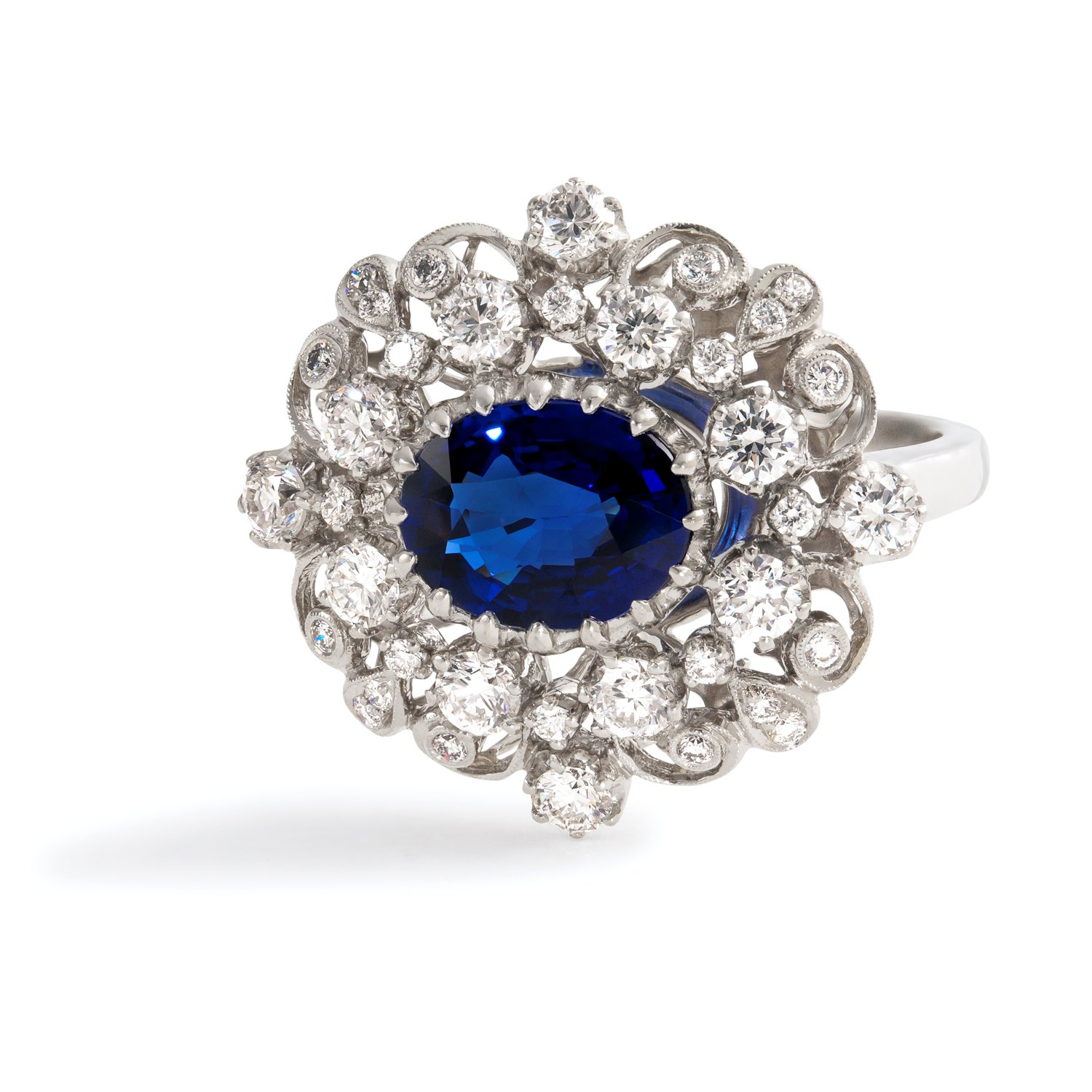 Estate Kwiat 18K White Gold Sapphire & Diamond Vintage Filigree Halo Ring