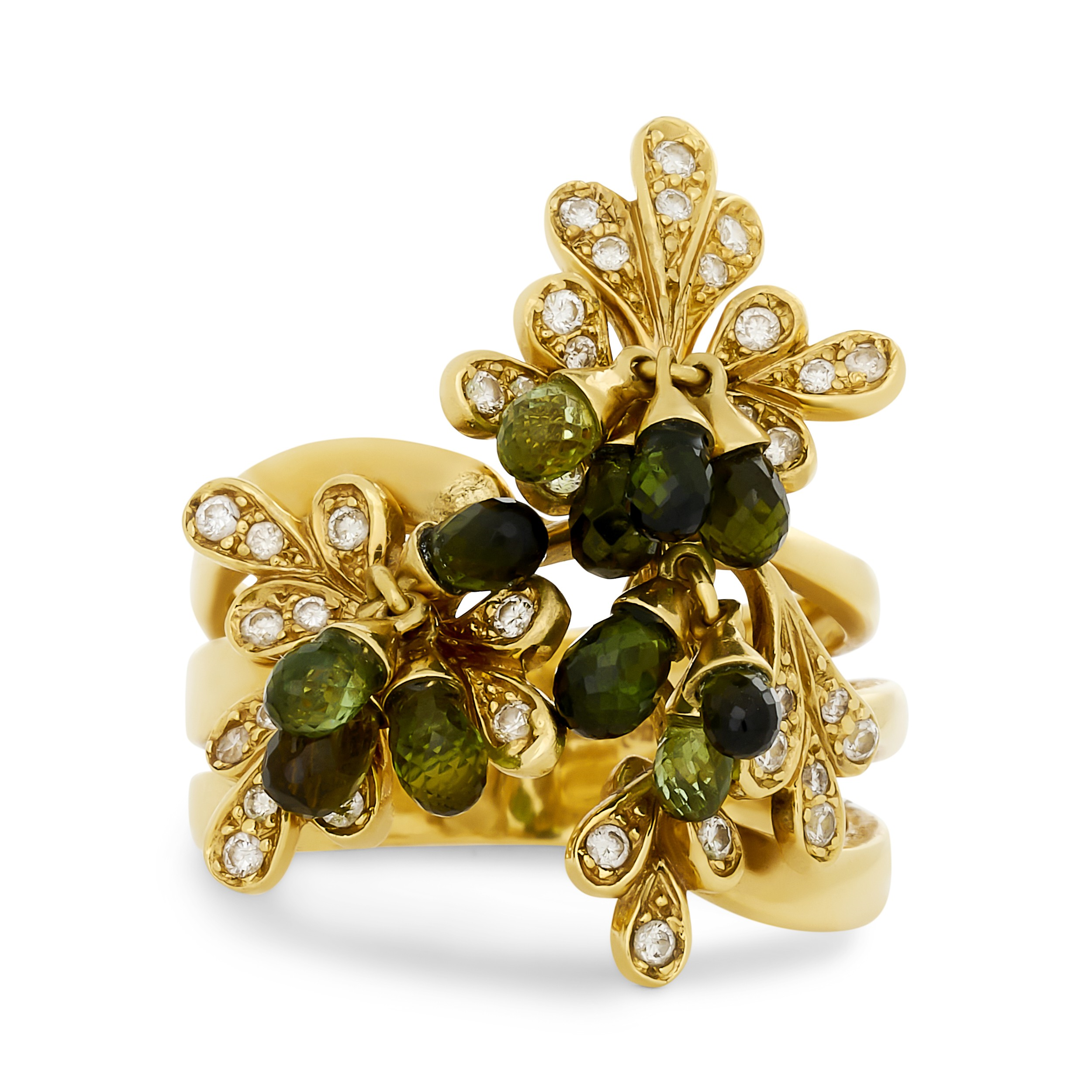Estate 18K Yellow Gold Dangling Briolette Green Tourmaline and Diamond Floral Ring Size 9 with 11 Briolette Green Tourmalines and 40 Round Diamonds ~0.40 CTW G-H VS-SI1 (Estimated Weights) 8.38DWT Stamped: 