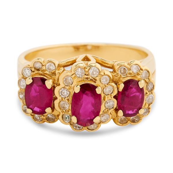 Estate 18K Yellow Gold 3-Stone Ruby & Diamond Halo Ring